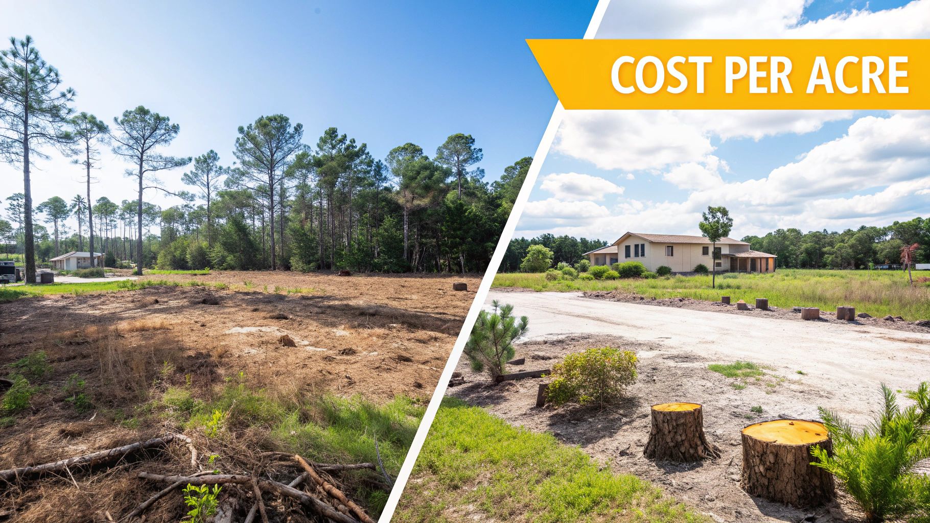 Split image showing cleared land and pine trees on the left, and a house with 'COST PER ACRE' banner on the right.