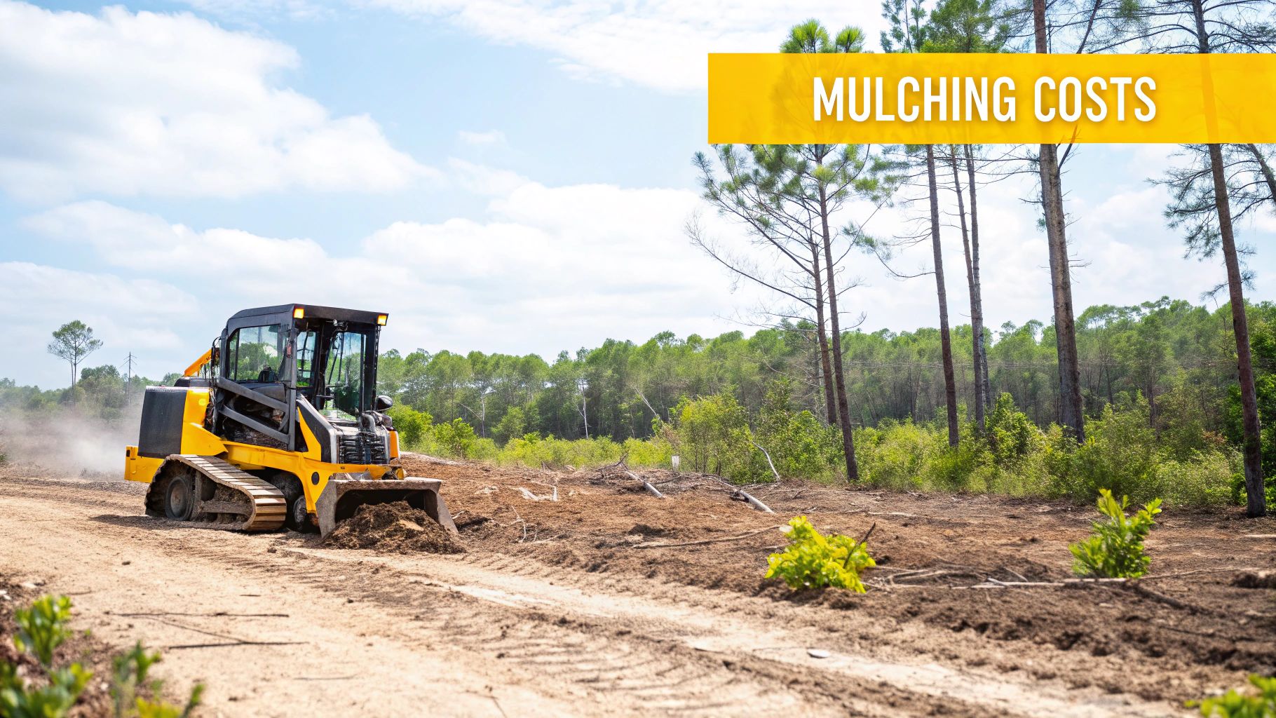 A yellow track loader mulching and clearing land in a wooded area under a blue sky, with 'MULCHING COSTS' text.