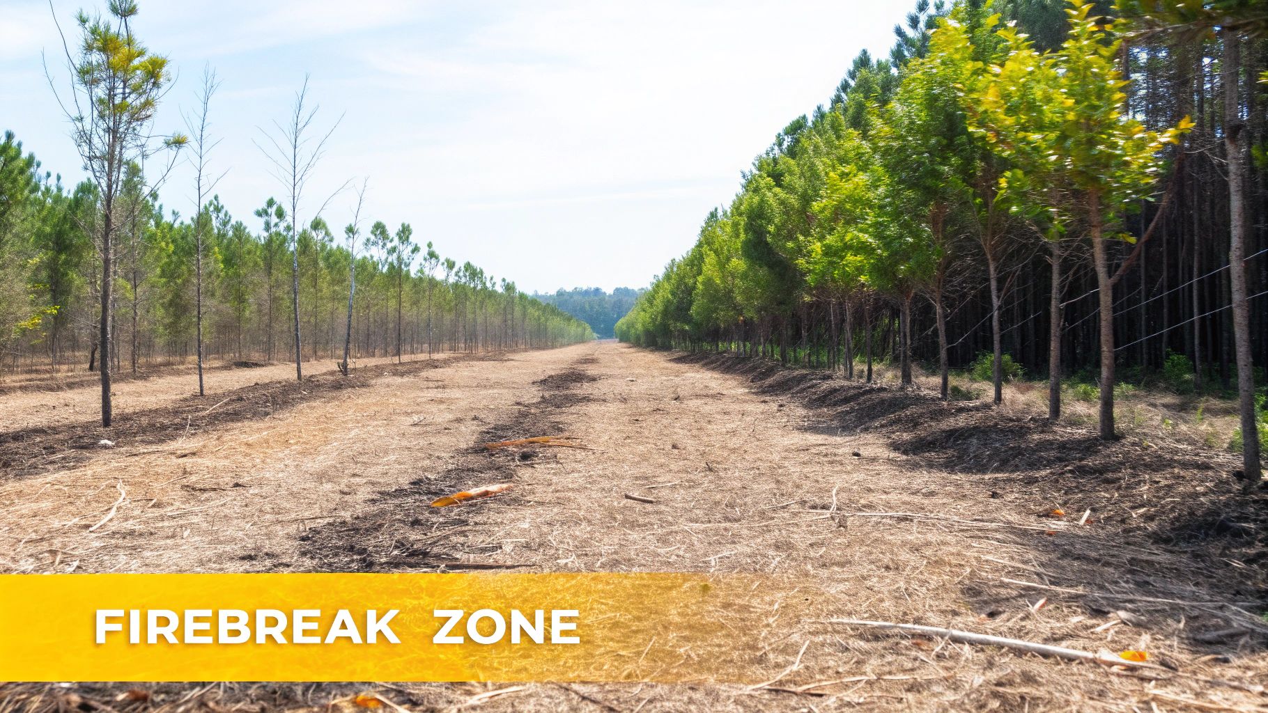 A wide, cleared firebreak zone separates two rows of young trees in a plantation under a bright sky.
