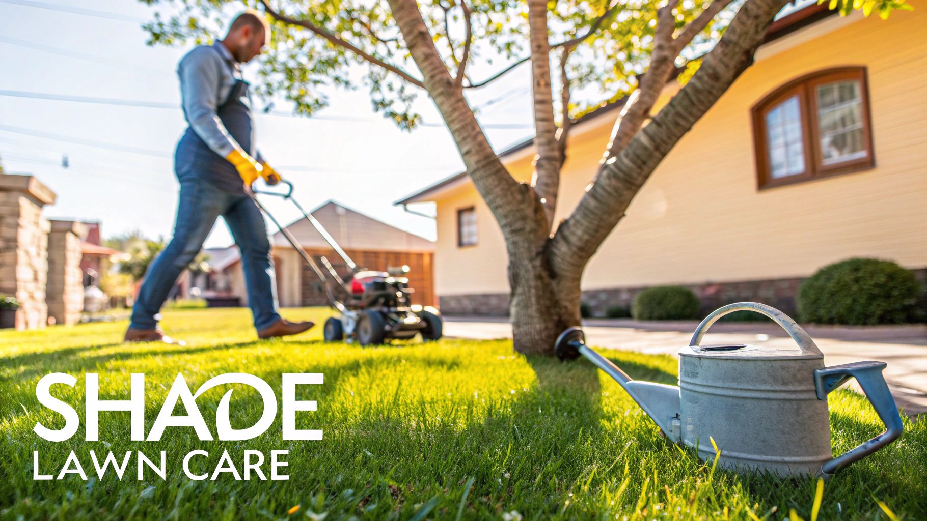 A man in work clothes and yellow gloves mows a sunny green lawn with a push mower. A watering can rests in the foreground.