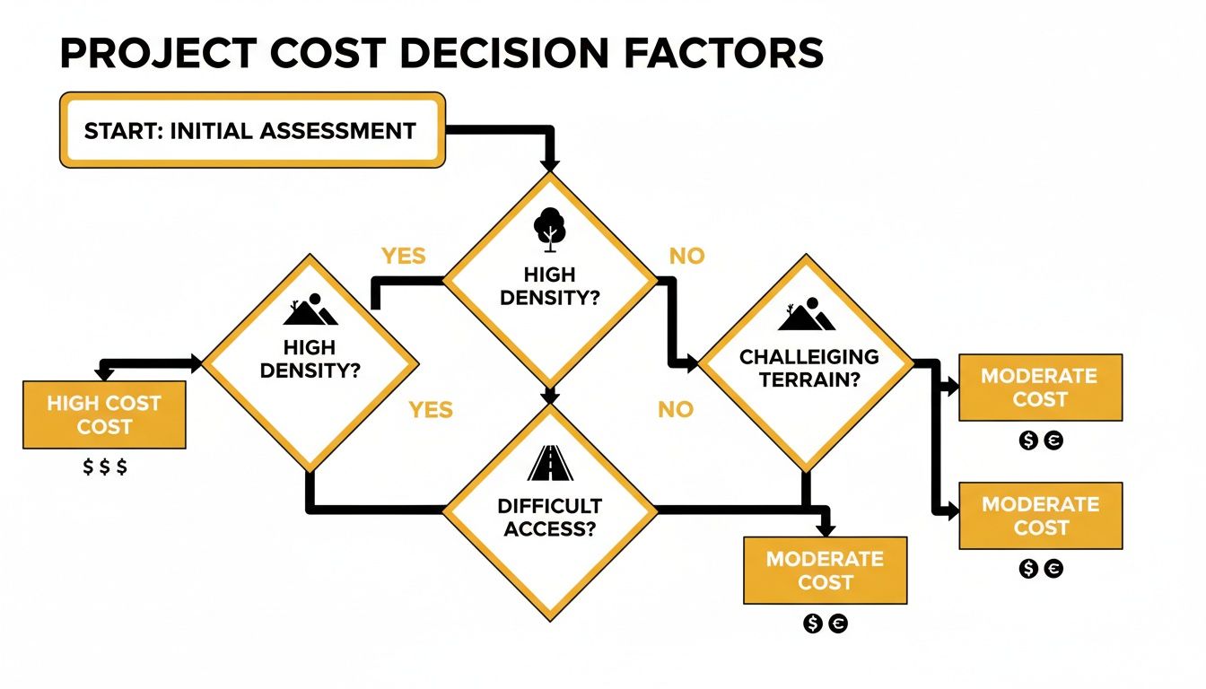 A flowchart illustrating project cost decision factors based on density, terrain, and access conditions.