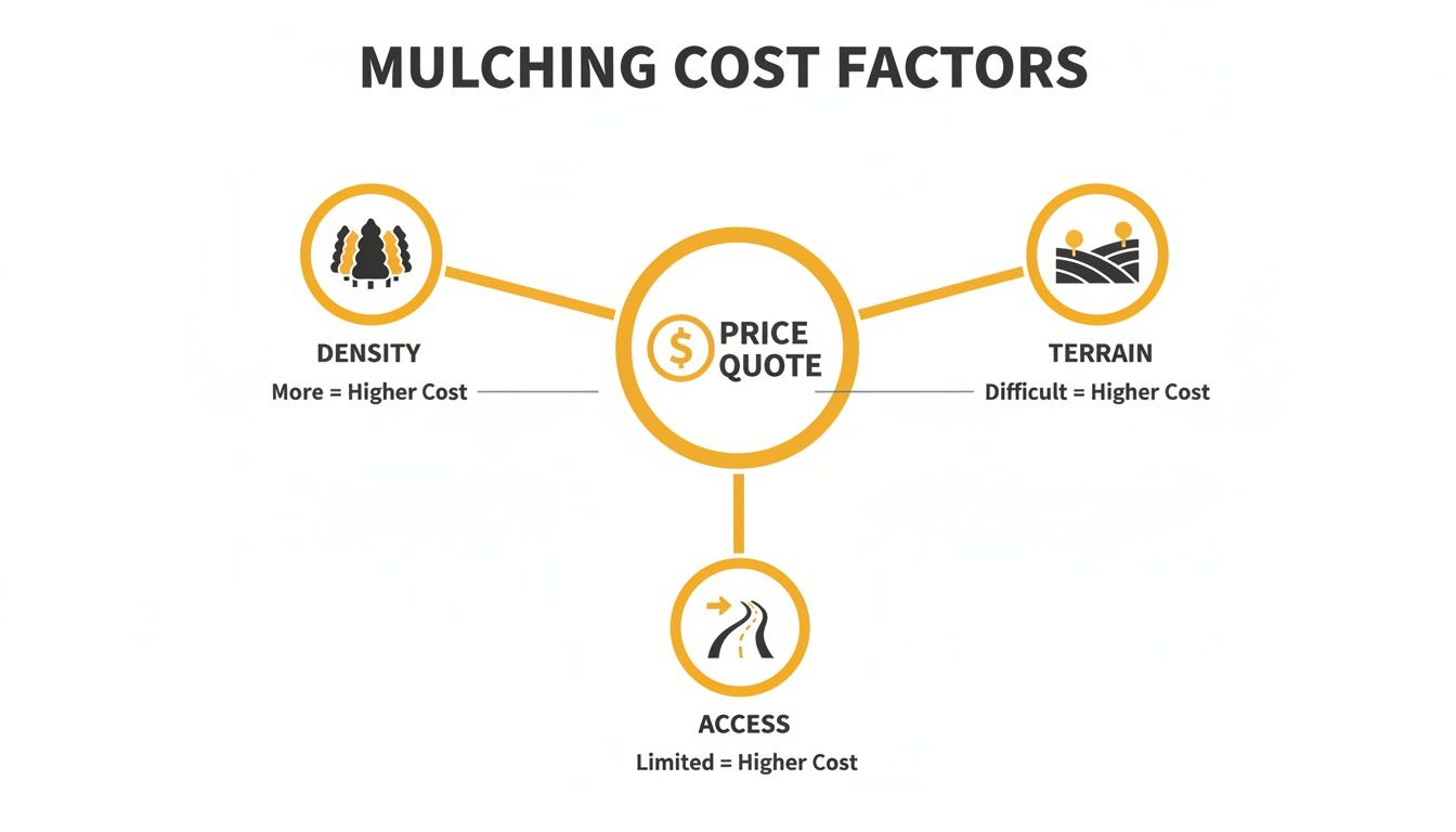 Diagram illustrating mulching cost factors: density, terrain, and access, influencing the price quote.