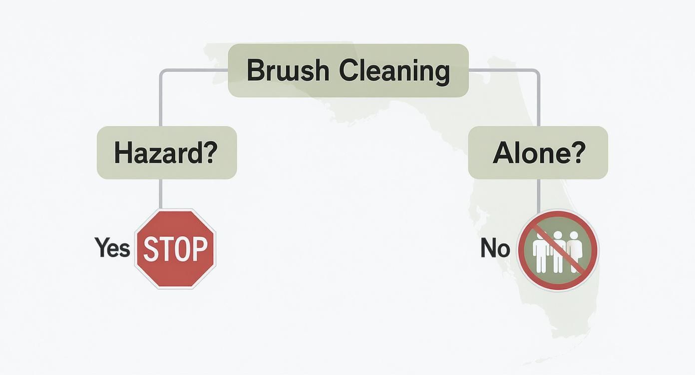 Brush cleaning safety flowchart showing hazard check and working alone guidelines with stop signs