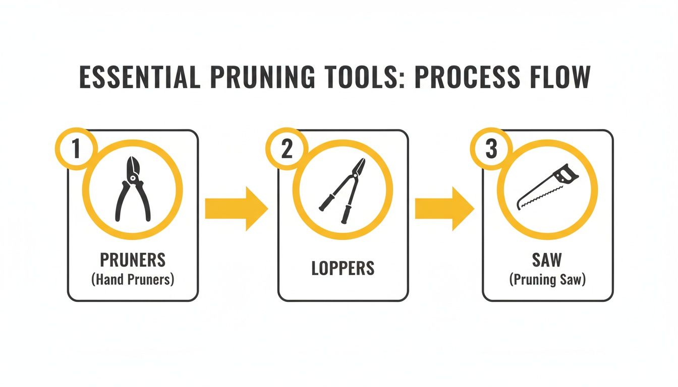 A process flow diagram showcasing three essential pruning tools: hand pruners, loppers, and a pruning saw.