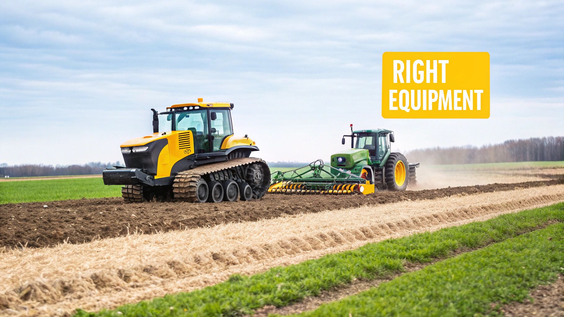 Two powerful tractors, one yellow tracked and one green wheeled, tilling a vast agricultural field.