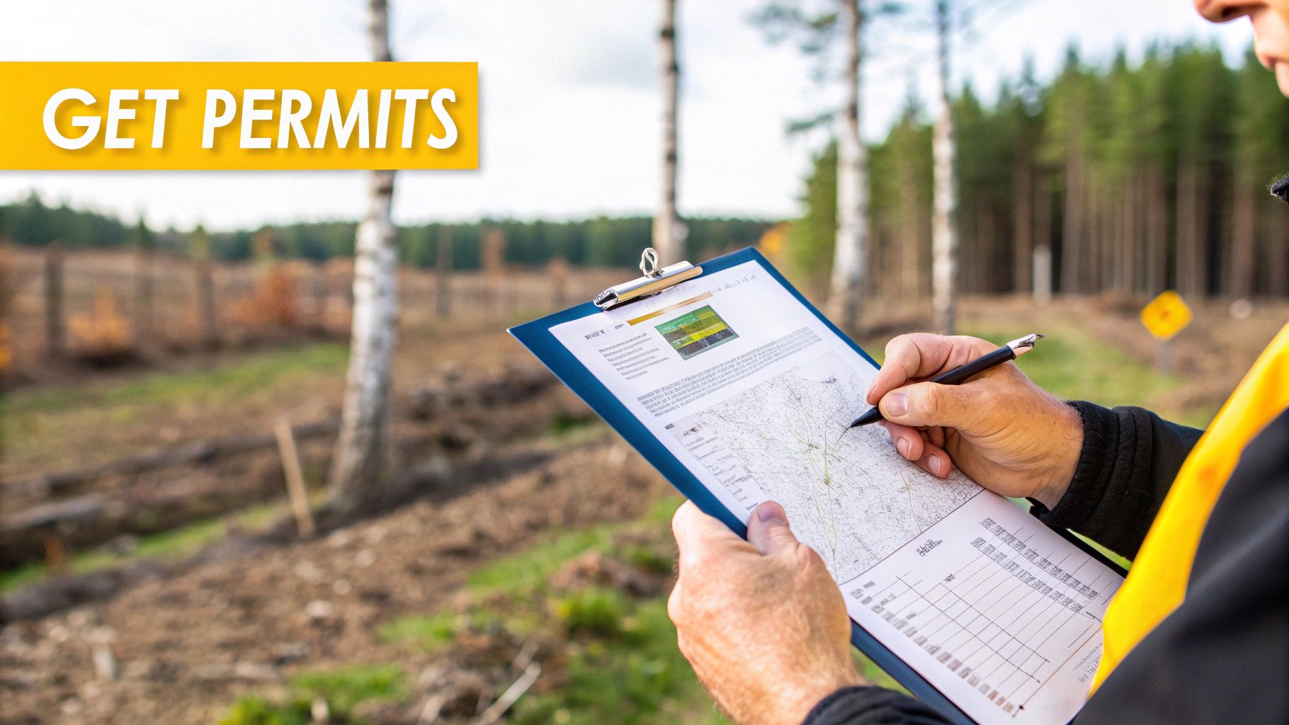 A person holds a clipboard with a map and pen in a forest clearing, with 'GET PERMITS' text.