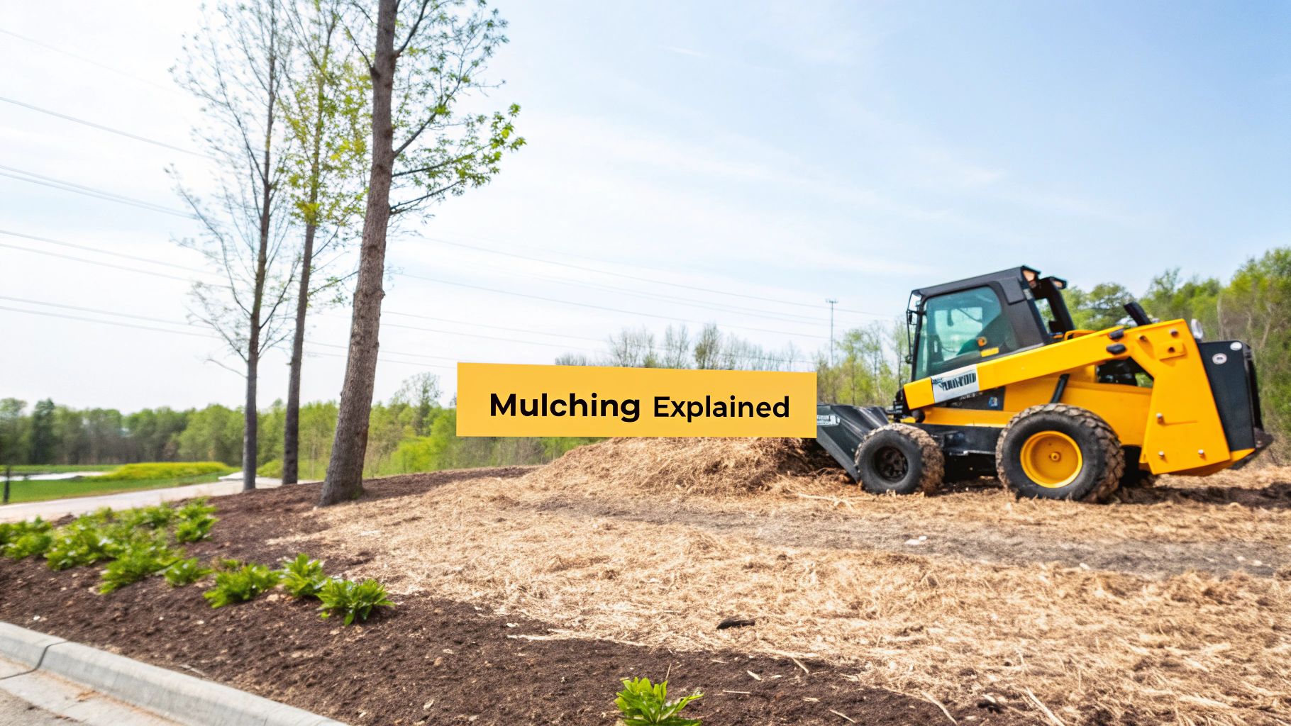 A yellow skid steer loader spreads wood mulch on newly cleared land for landscaping.