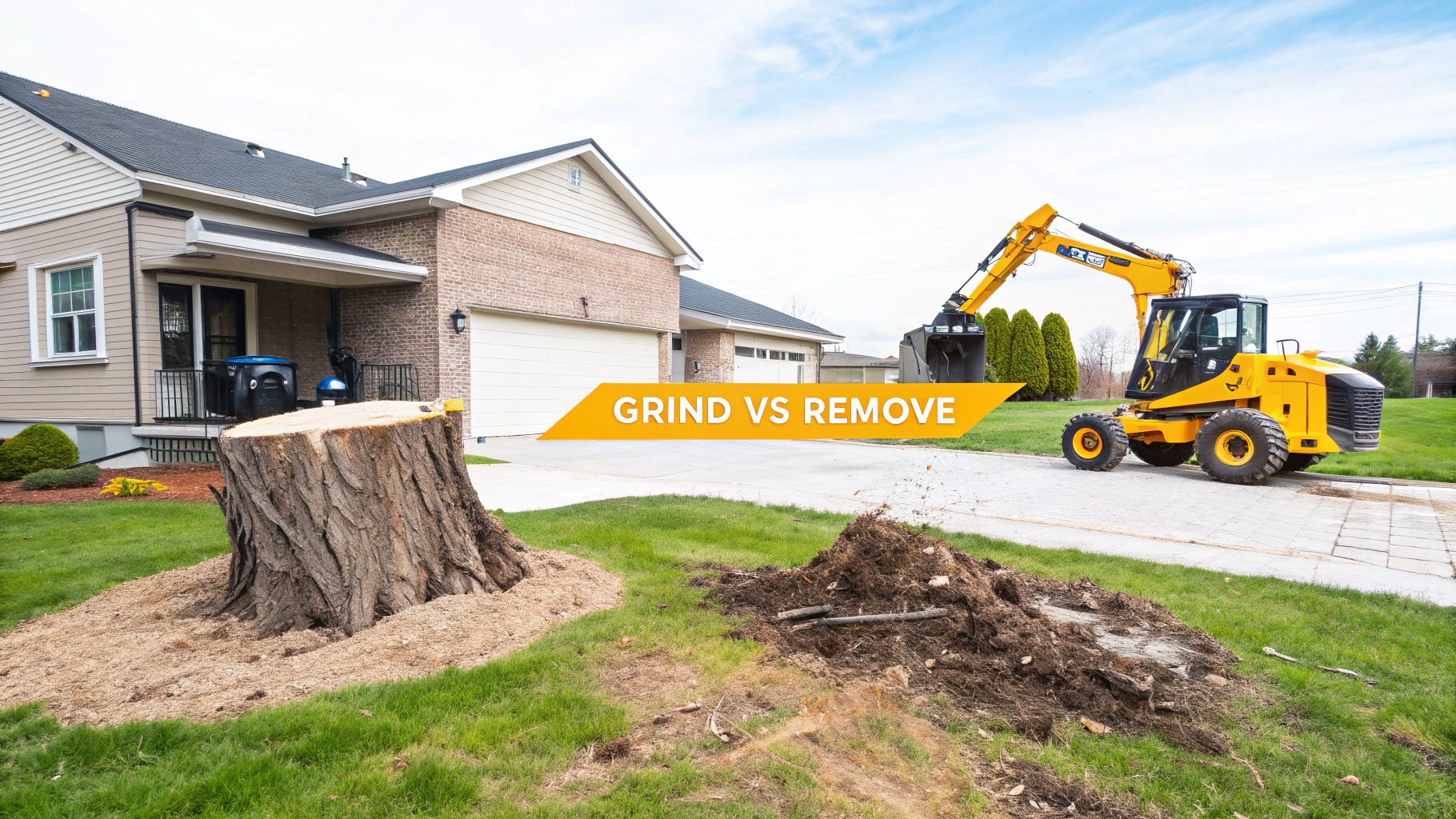 A large tree stump with wood chips on the left, and an excavator digging up a stump on the right, illustrating grind vs remove.