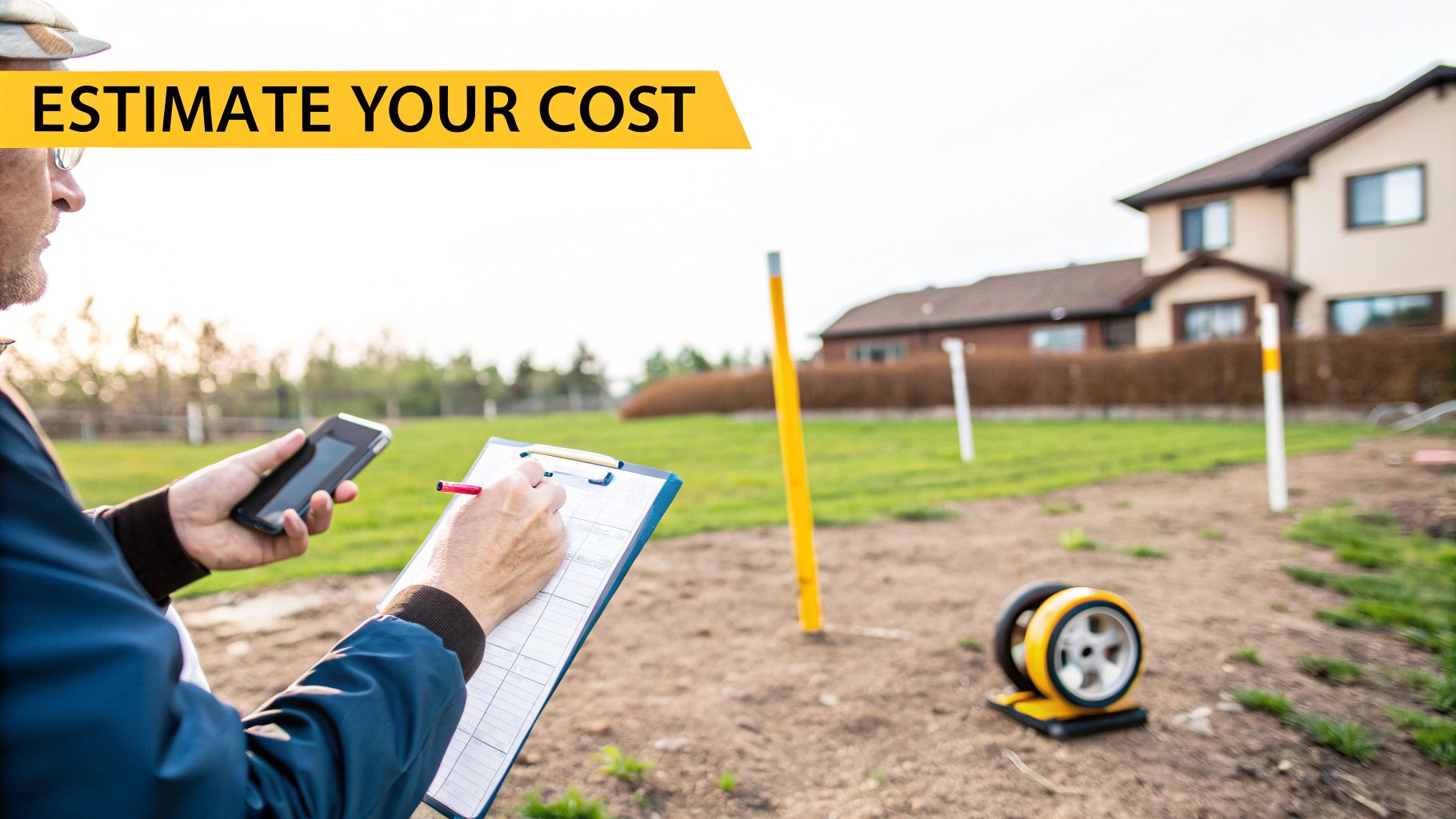 A person writes on a clipboard and holds a smartphone, estimating costs on a plot of land with markers and a measuring wheel.