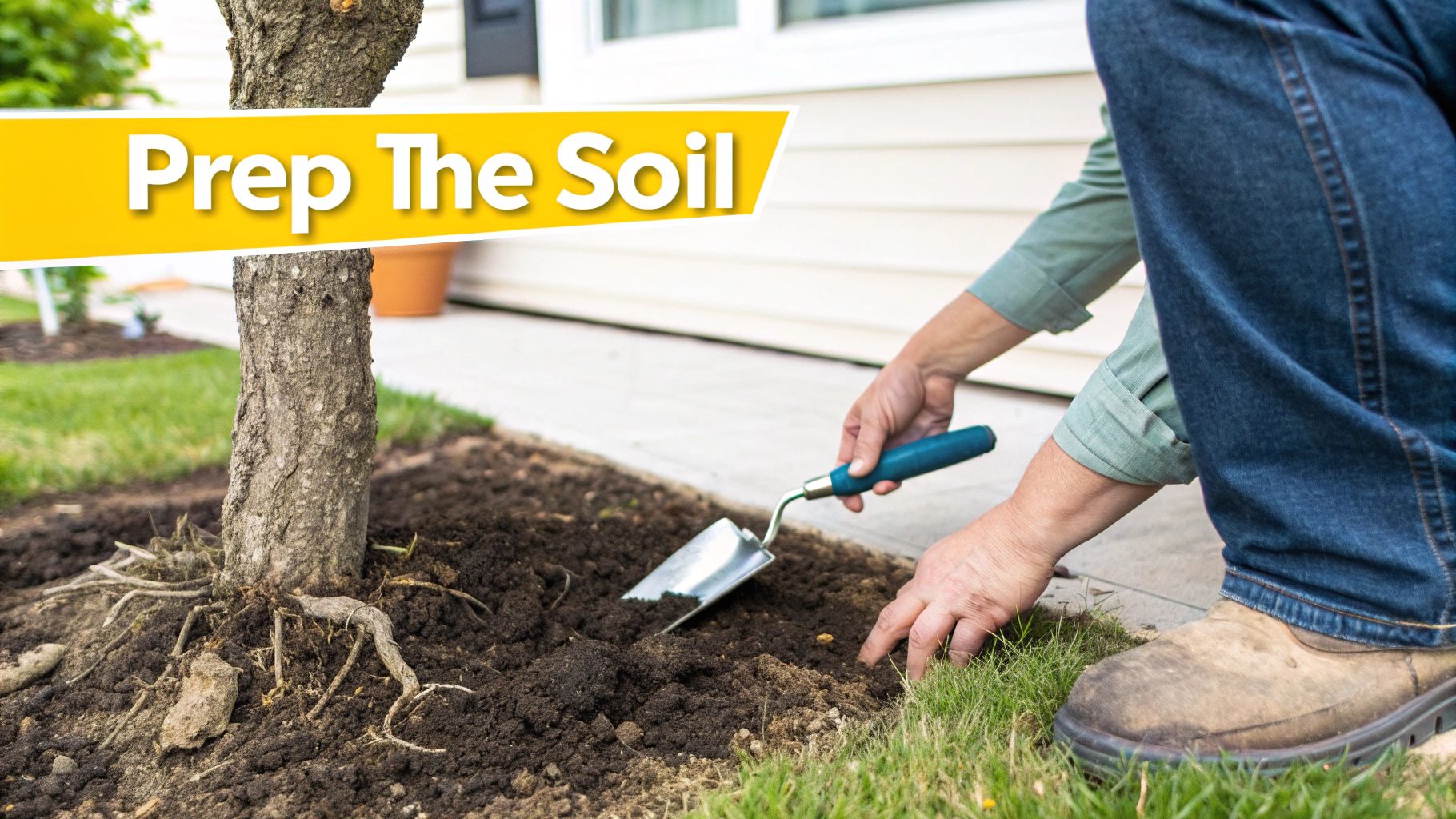 A person uses a trowel to prepare soil around the exposed roots of a tree, next to green grass.
