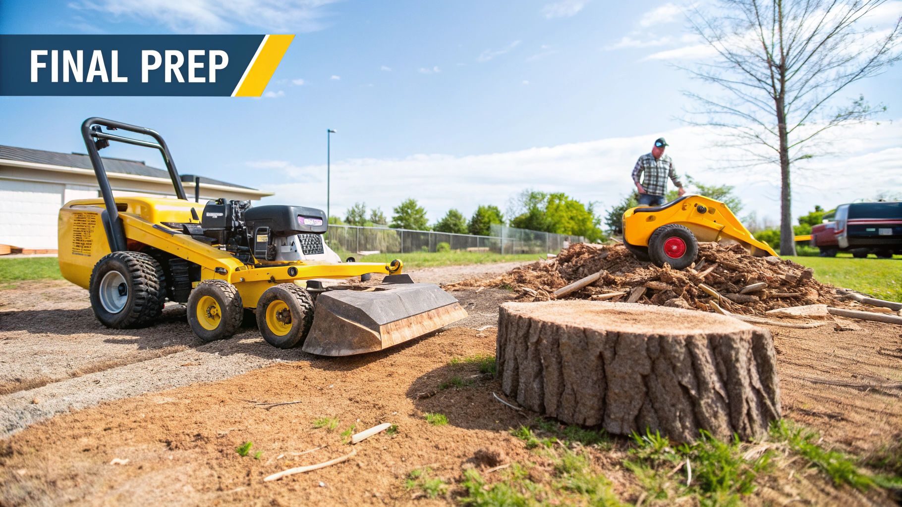 Yellow land clearing equipment and a tree stump on prepared ground, with a worker in the background.