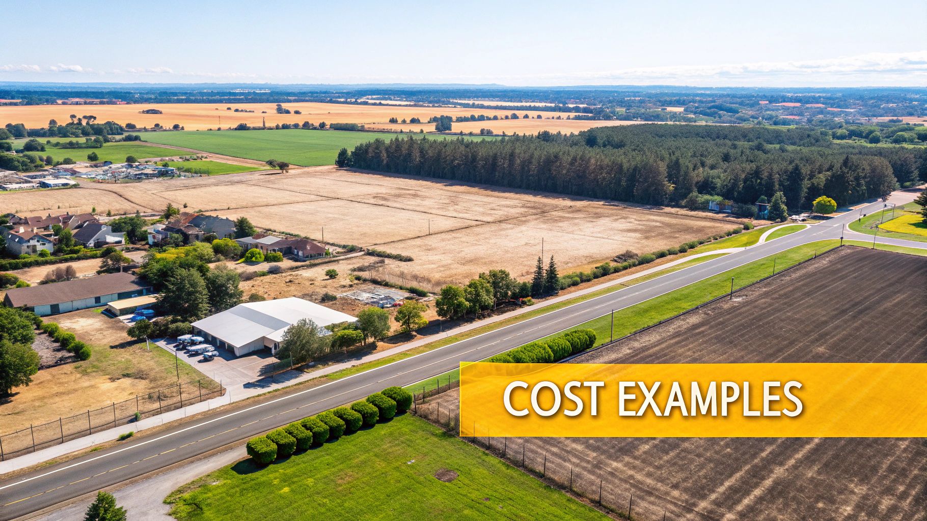 Aerial view of farmlands, a dense forest, roads, and residential buildings, featuring a 'COST EXAMPLES' banner.