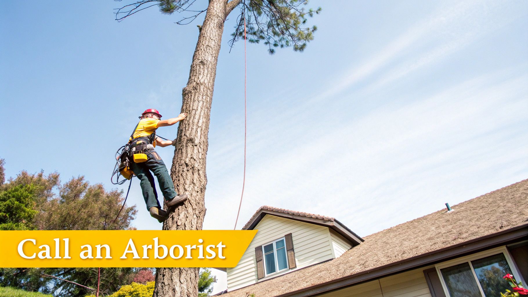 An arborist in safety gear climbs a tall tree next to a house on a clear, sunny day.
