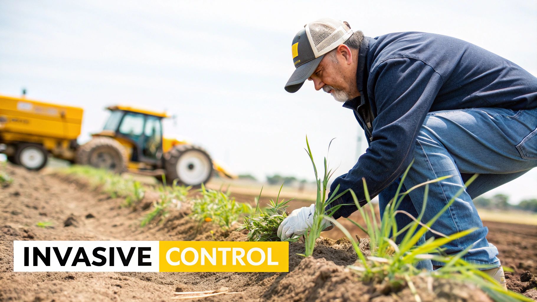 A tractor disking a recently cleared field, preparing the soil for planting with the horizon in the background.