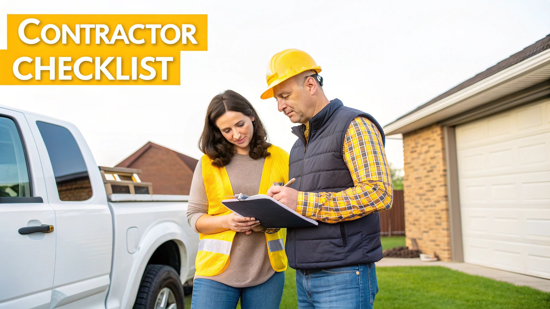 Two contractors, a man and a woman, review a checklist outdoors near a white truck.