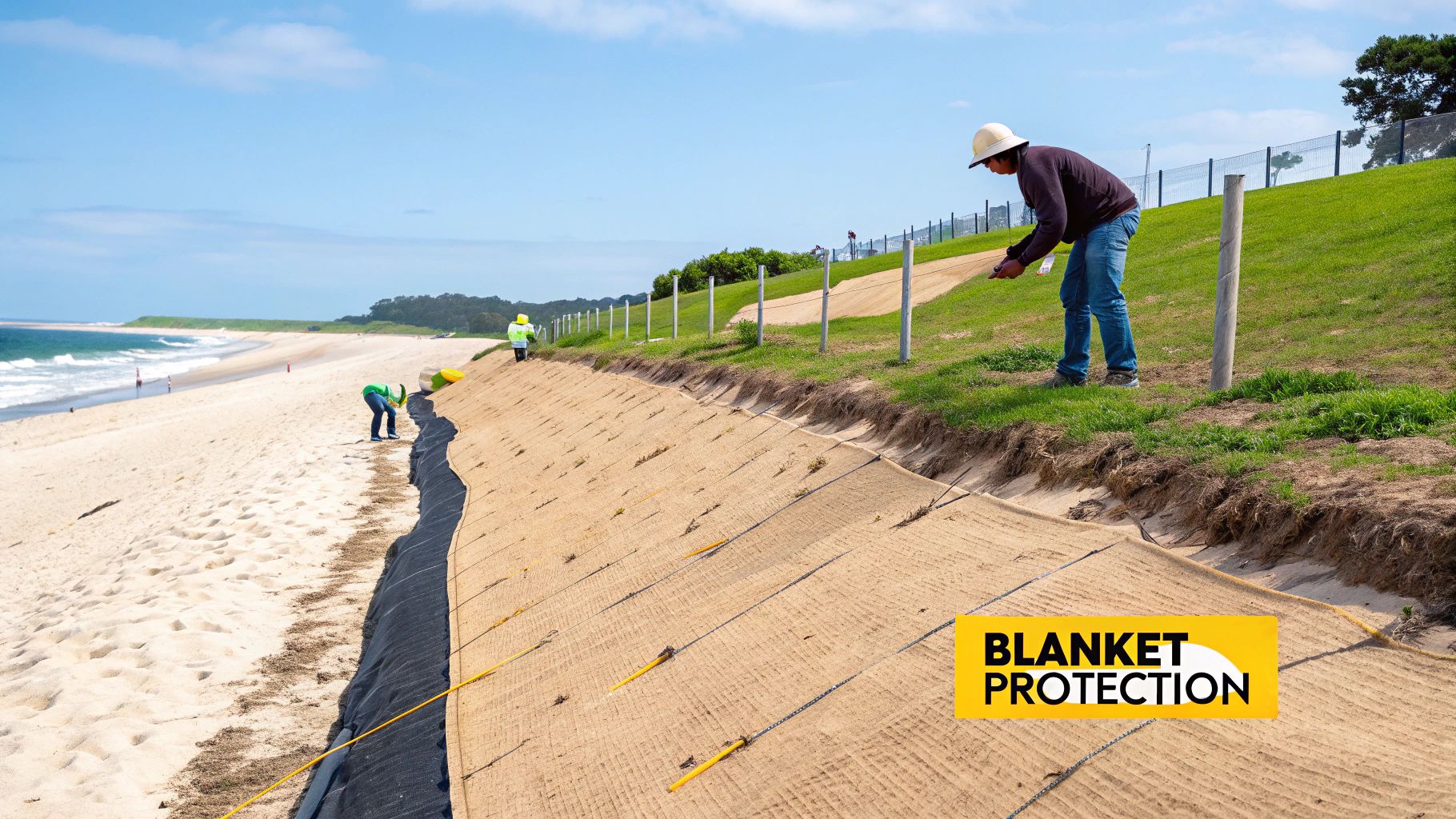 Workers install erosion control blankets on a sandy slope adjacent to a beach under a blue sky.