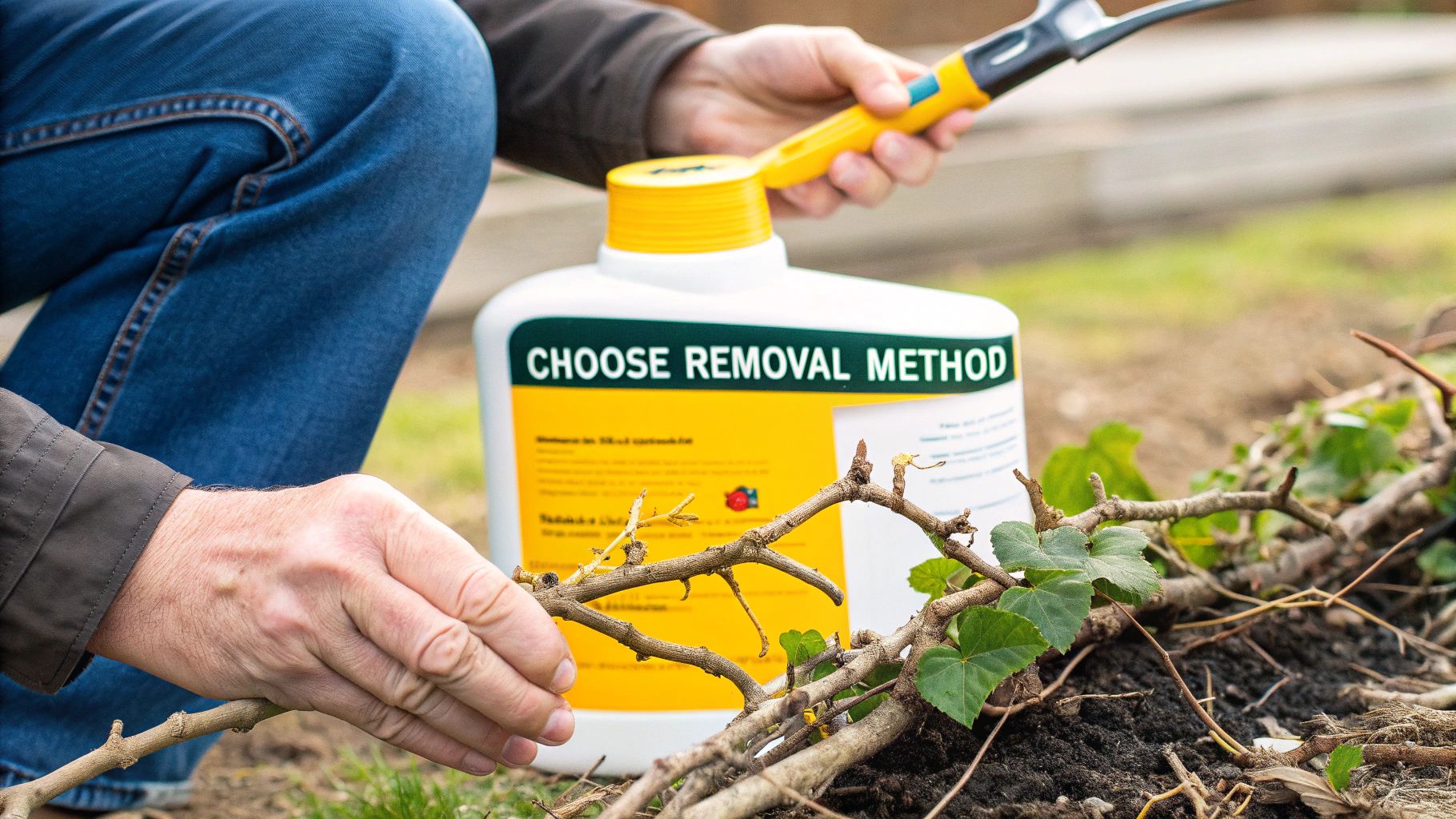 A person in protective gloves holds a garden trowel and a small invasive plant they have just uprooted.