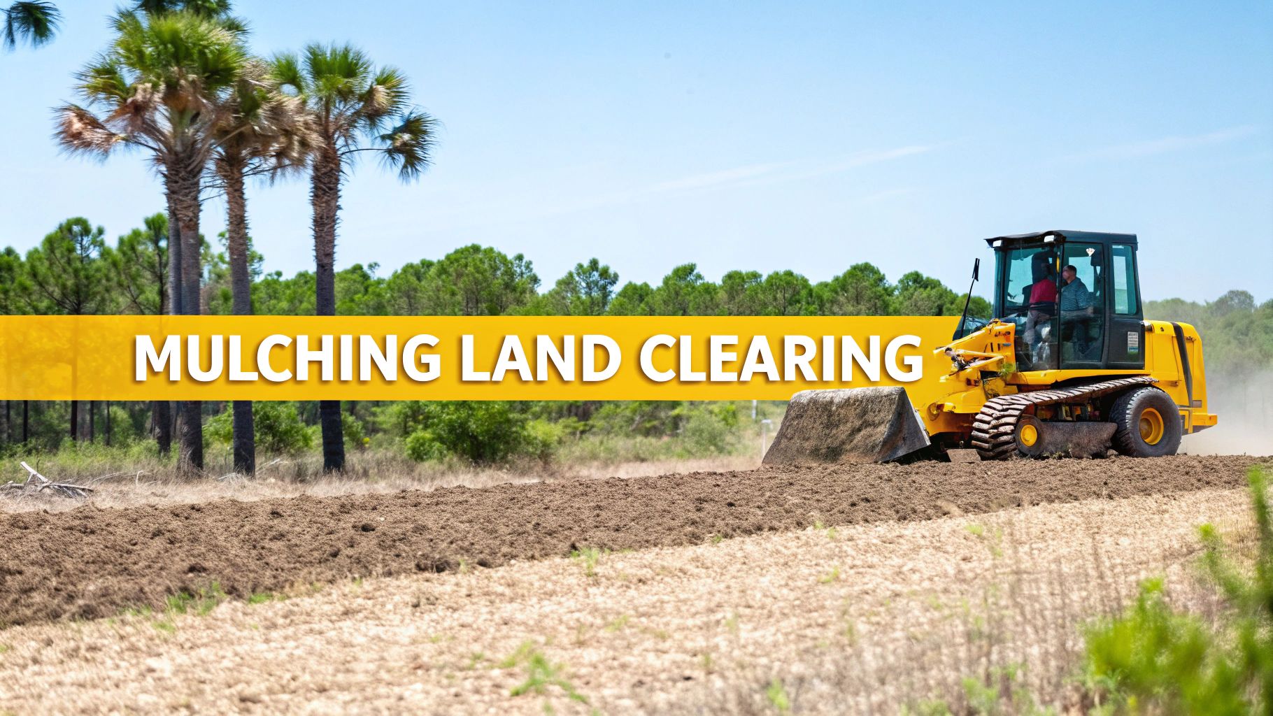 A yellow mulching machine on a track loader clears land, creating mulch piles, with palm trees and a forest in the background.