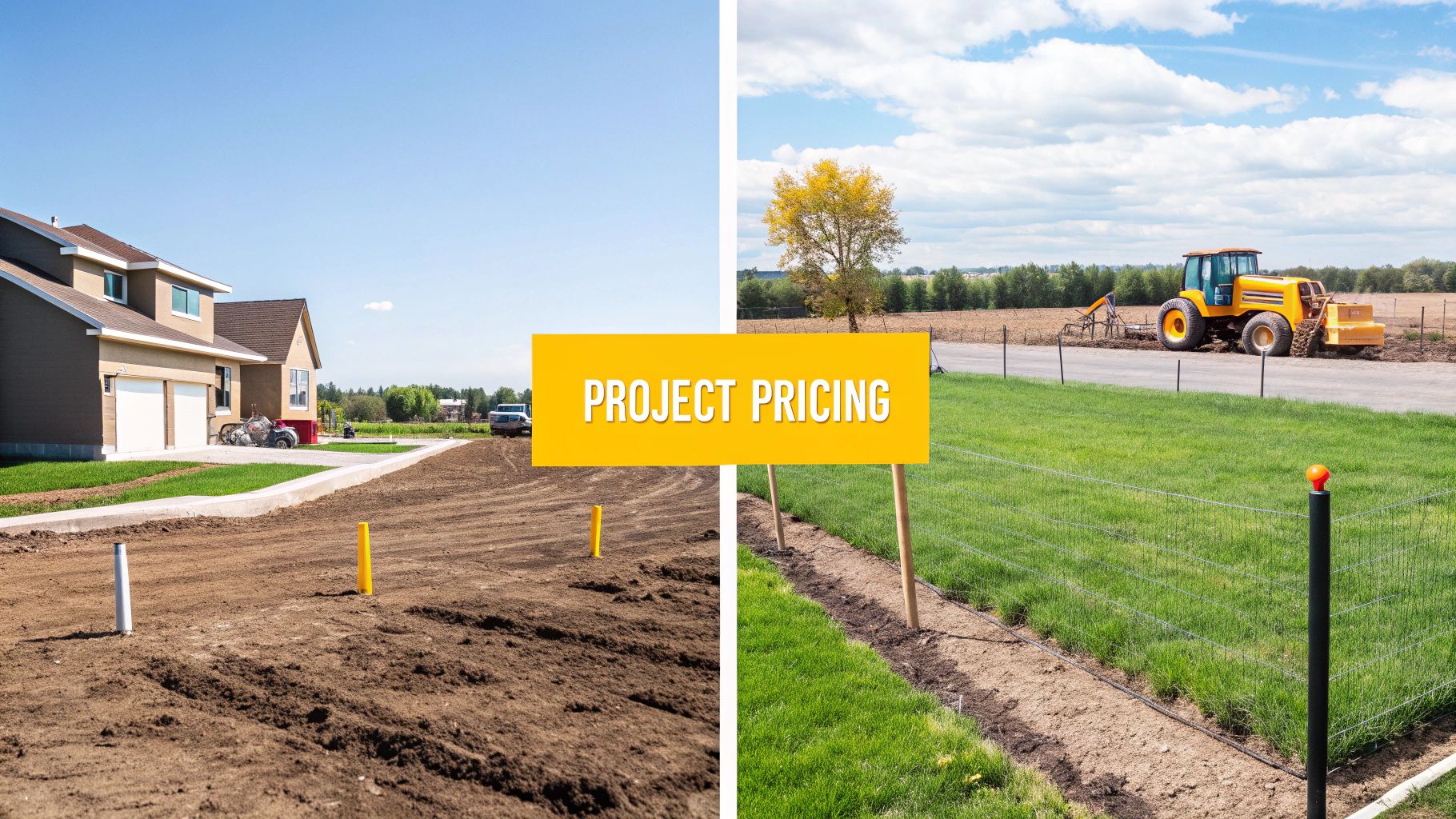 Split image showing residential construction on one side and agricultural land clearing on the other, with 'PROJECT PRICING' text.