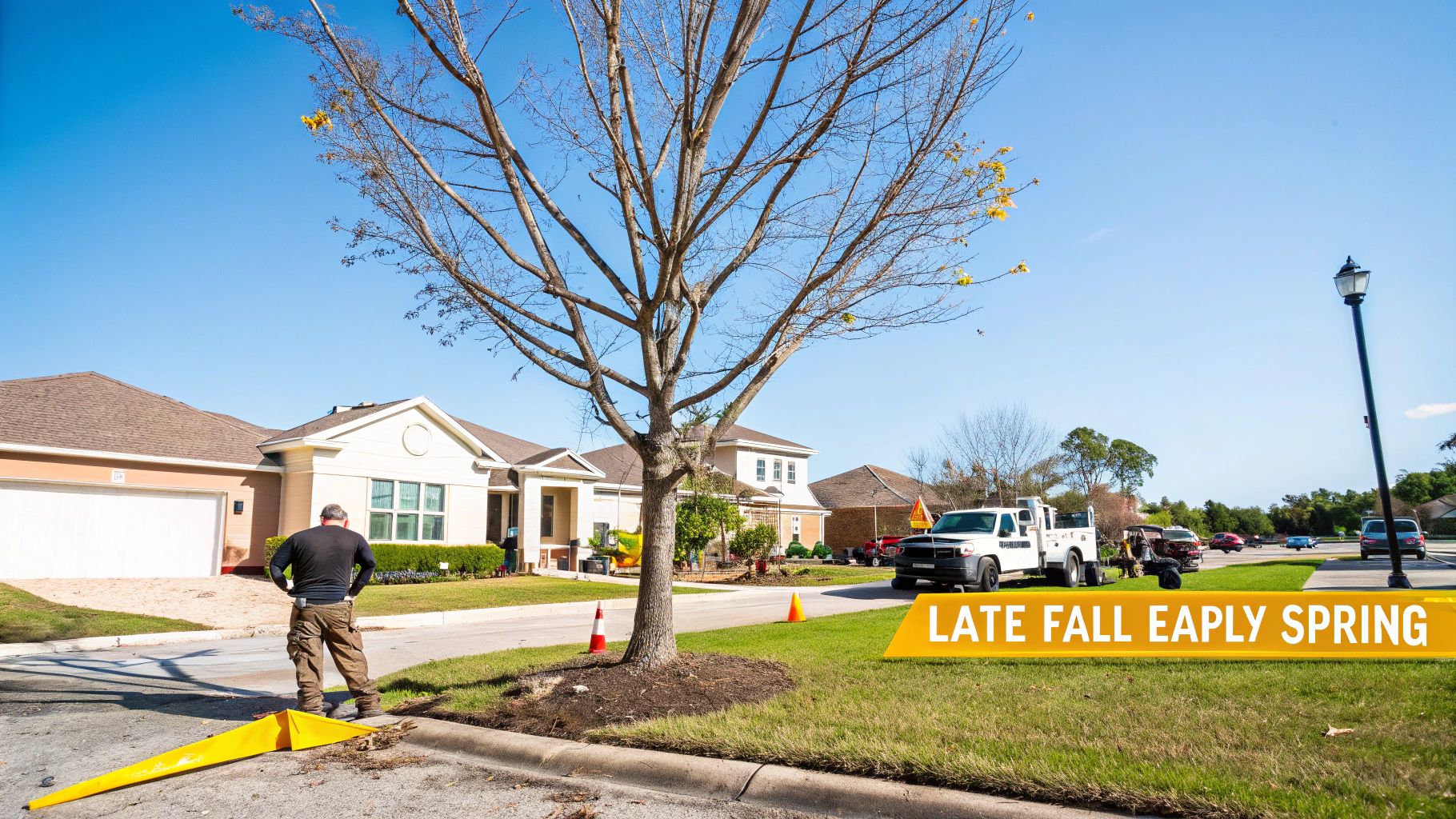 Man standing by a bare tree and work equipment on a suburban street with houses and a utility truck.