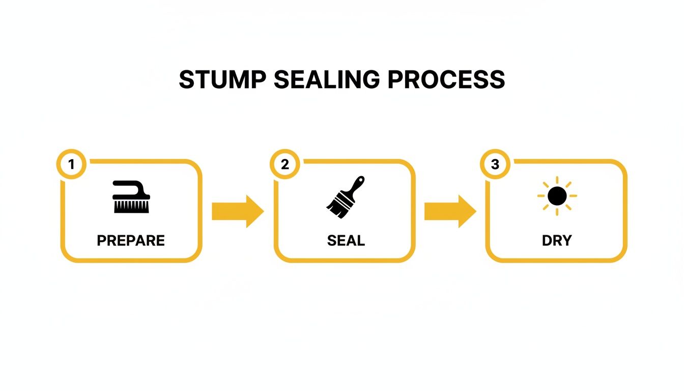 A three-step infographic illustrating the stump sealing process: prepare, seal, and dry.
