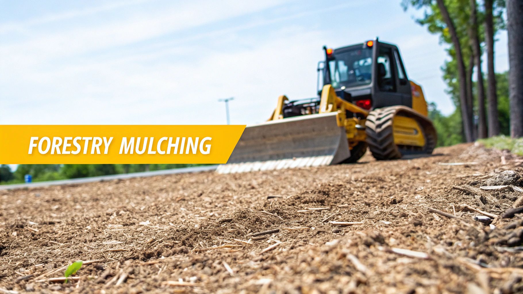 A yellow forestry mulching machine working on cleared ground under a bright sky.