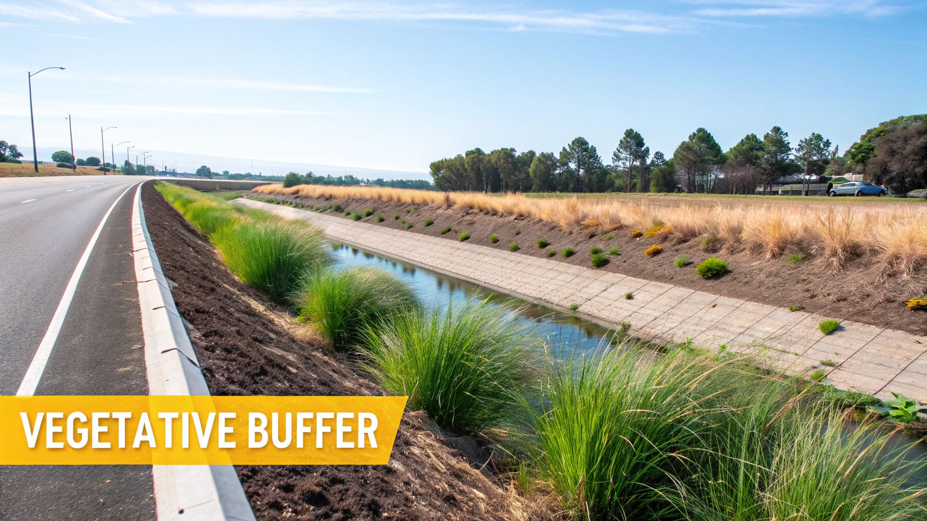 A concrete-lined canal with vibrant vegetative buffers separating it from a road under a clear sky.