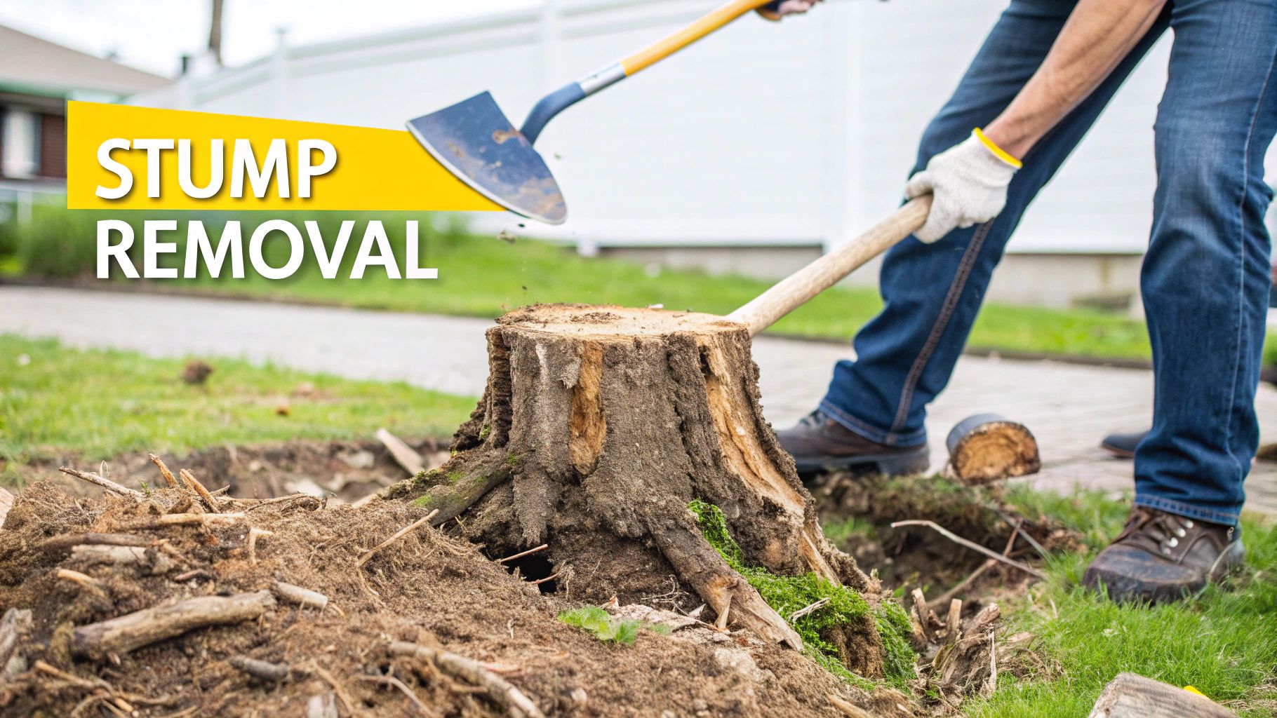 Person spreading mulch from a wood chipper in a newly cleared area.