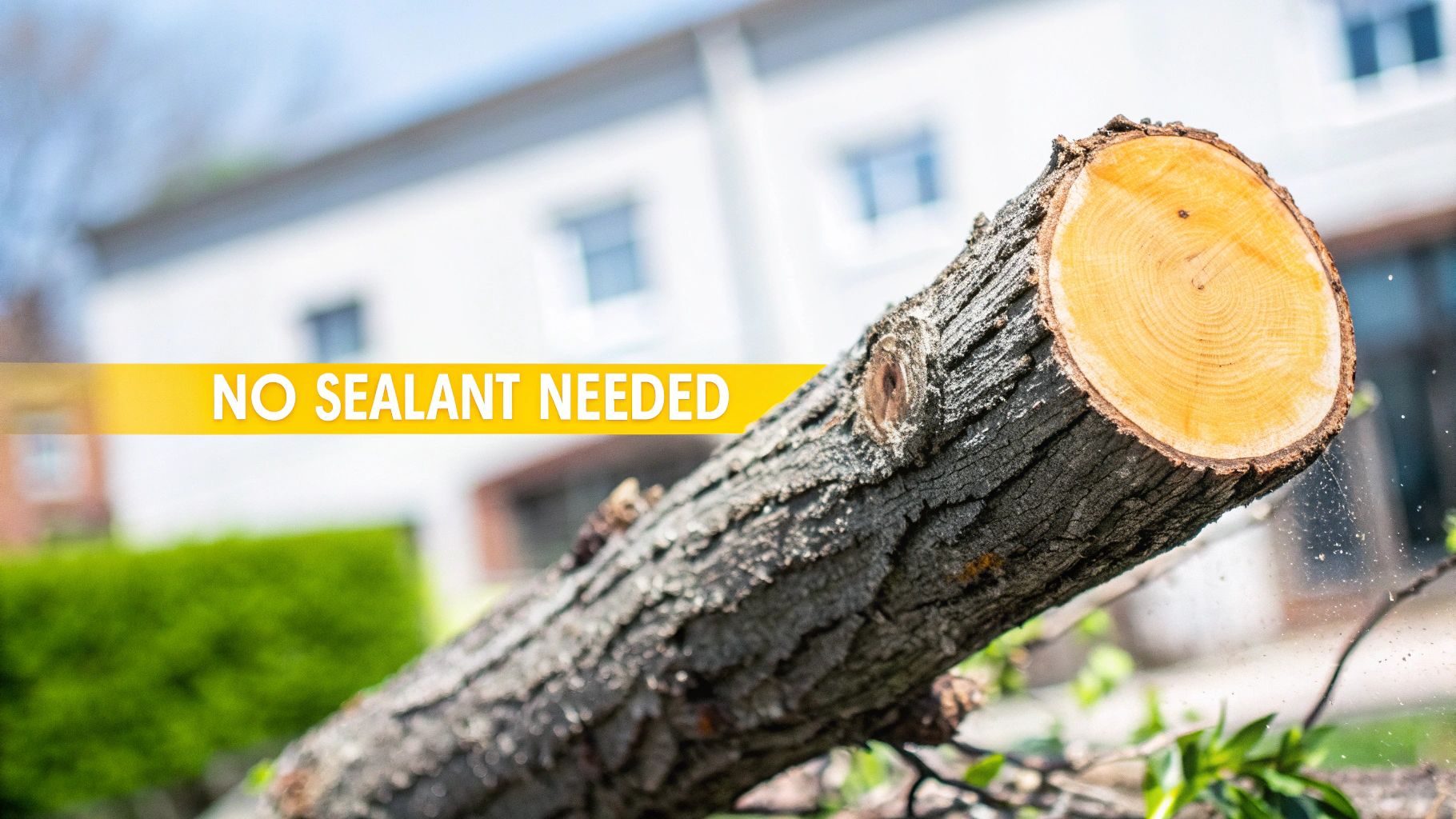 A freshly cut tree log lies across the frame, displaying clear annual rings with a 'NO SEALANT NEEDED' banner.