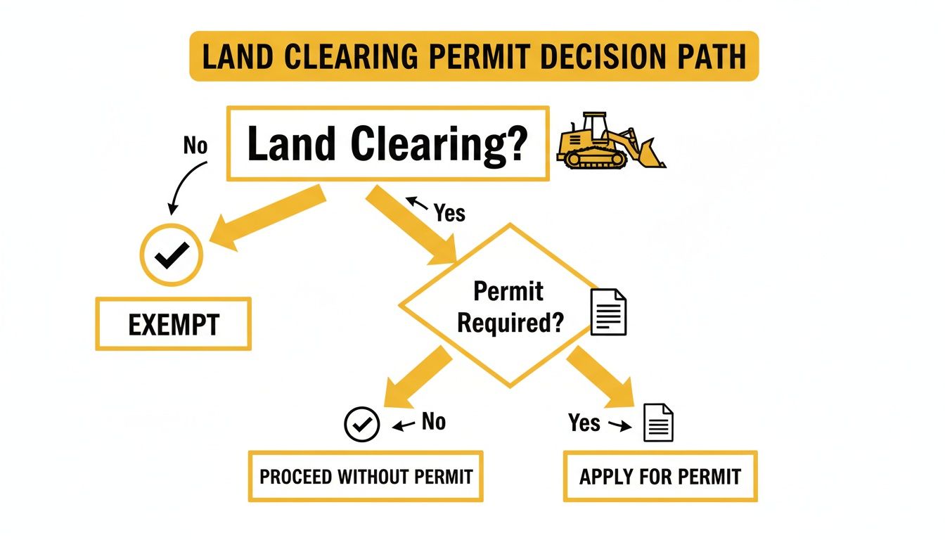 Flowchart illustrating the land clearing permit decision path, outlining steps for exemption, proceeding without, or applying for a permit.