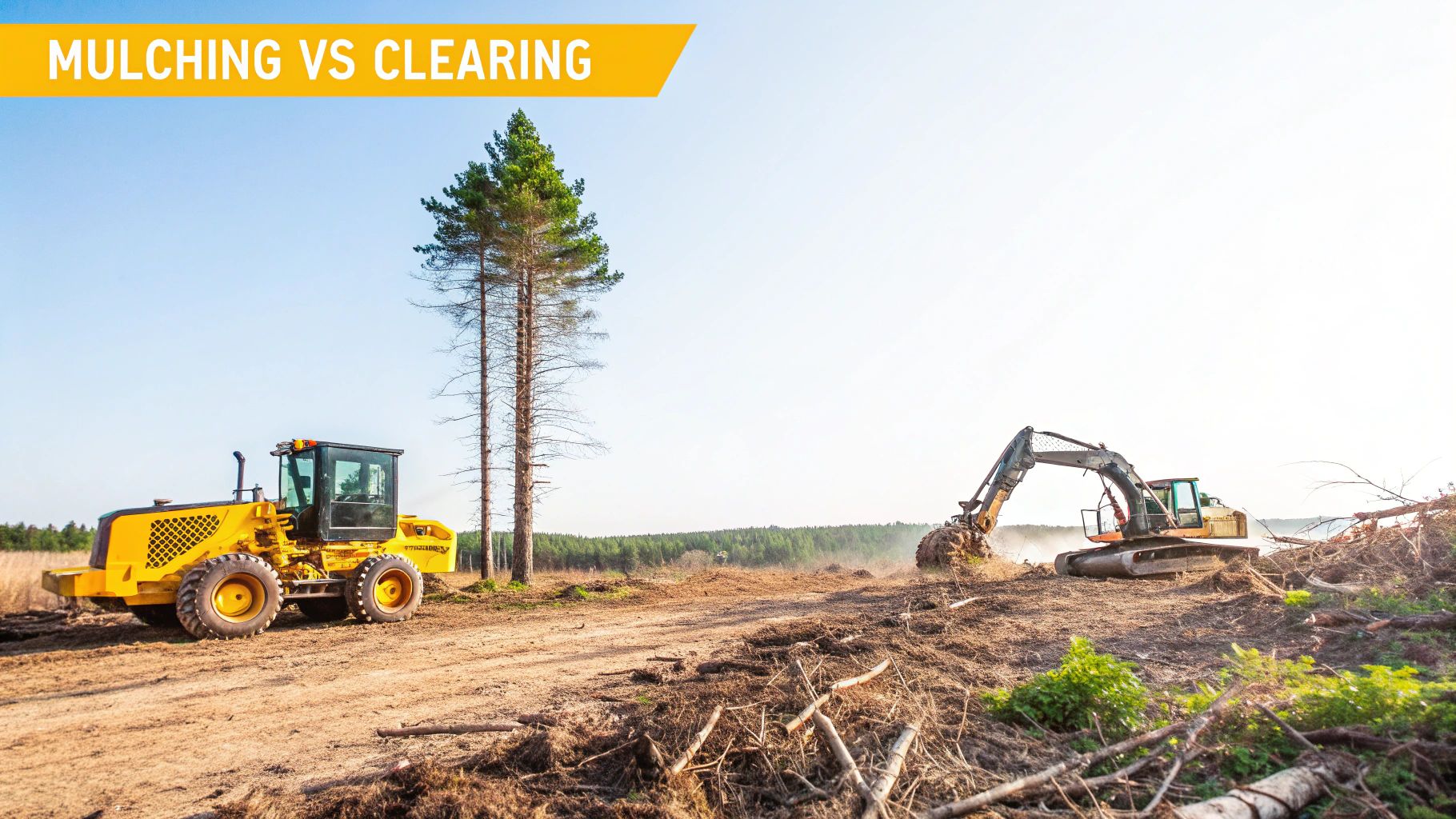 Heavy machinery on a large site, illustrating land clearing and mulching techniques for site preparation.