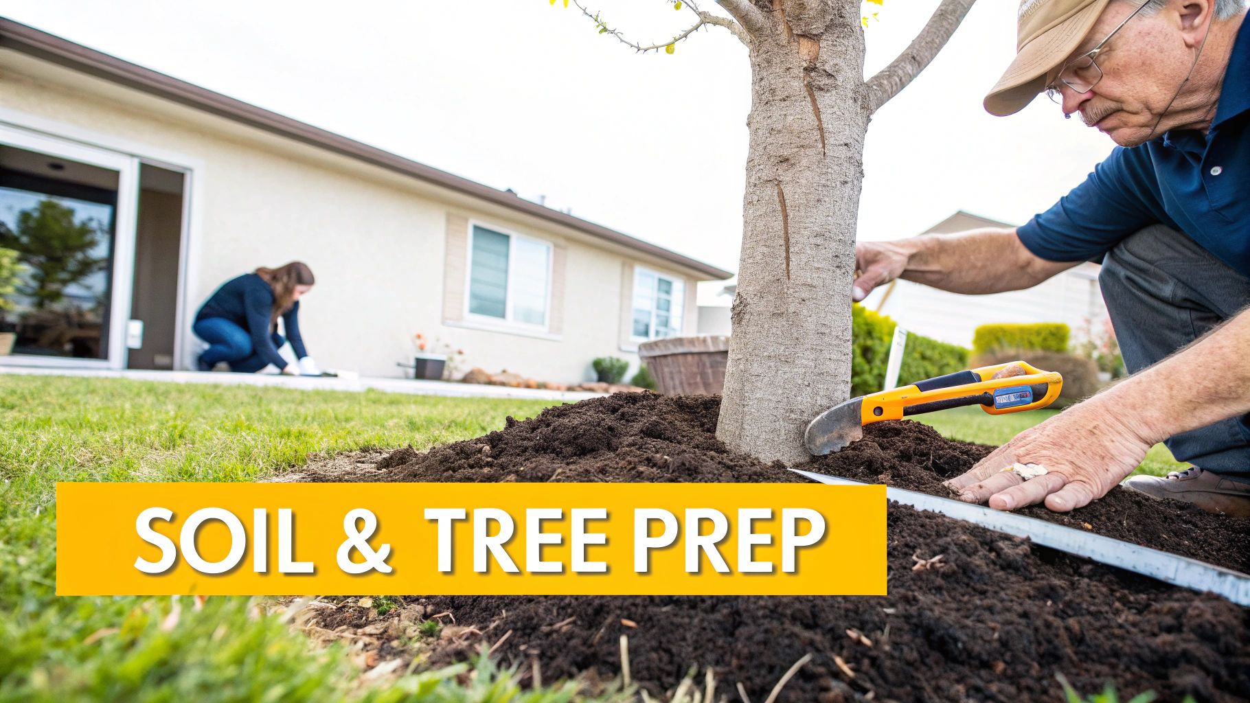 A man and woman gardening, preparing soil around a tree and near a house with tools.