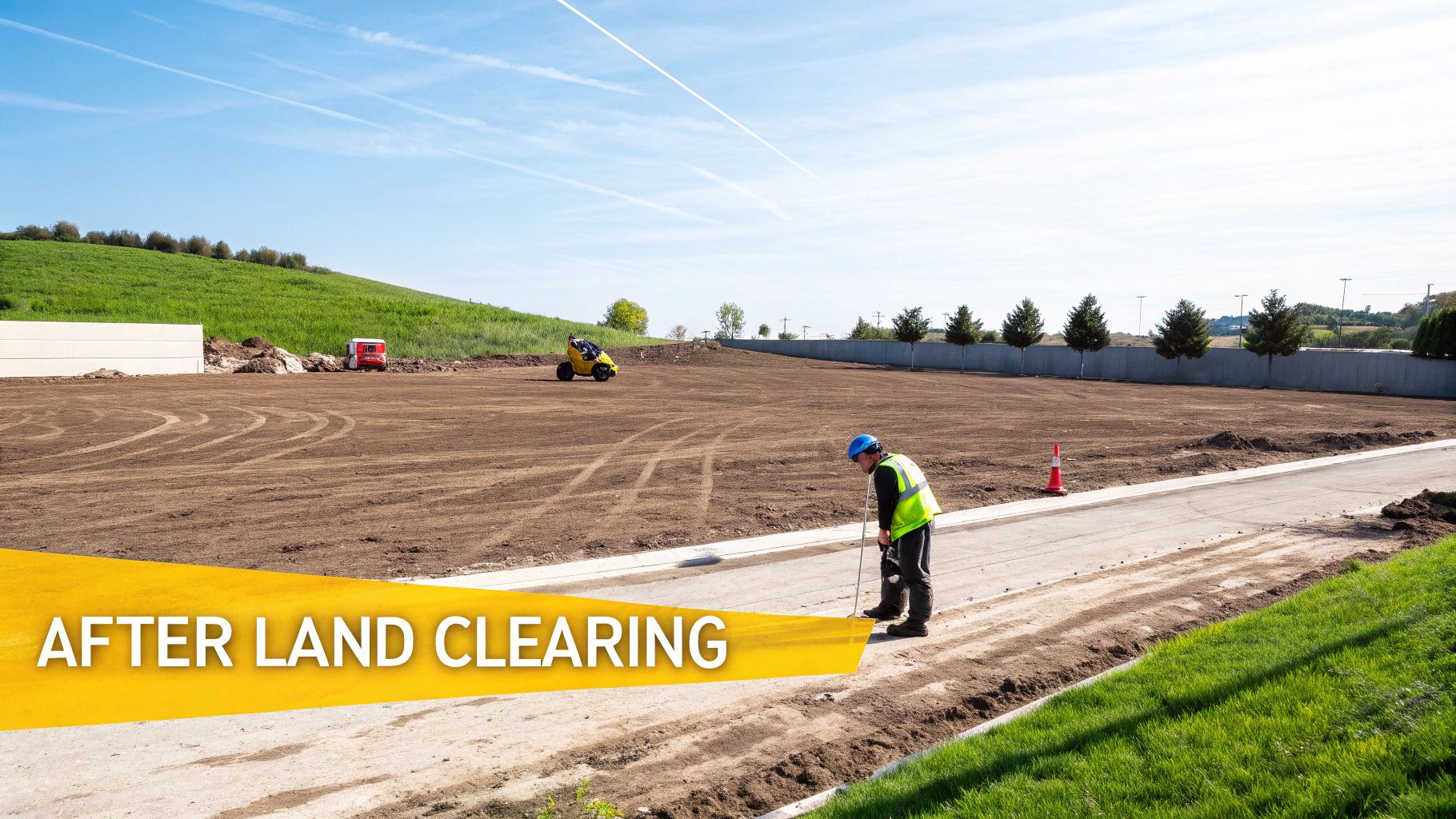 An aerial view of a construction site after land clearing, showing bare earth and a worker.