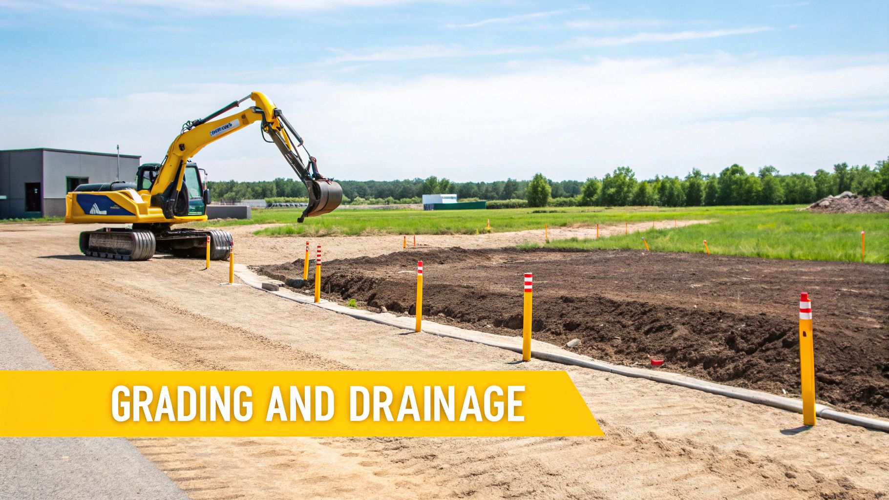 A yellow excavator prepares a construction site, performing grading and drainage work under a clear sky.