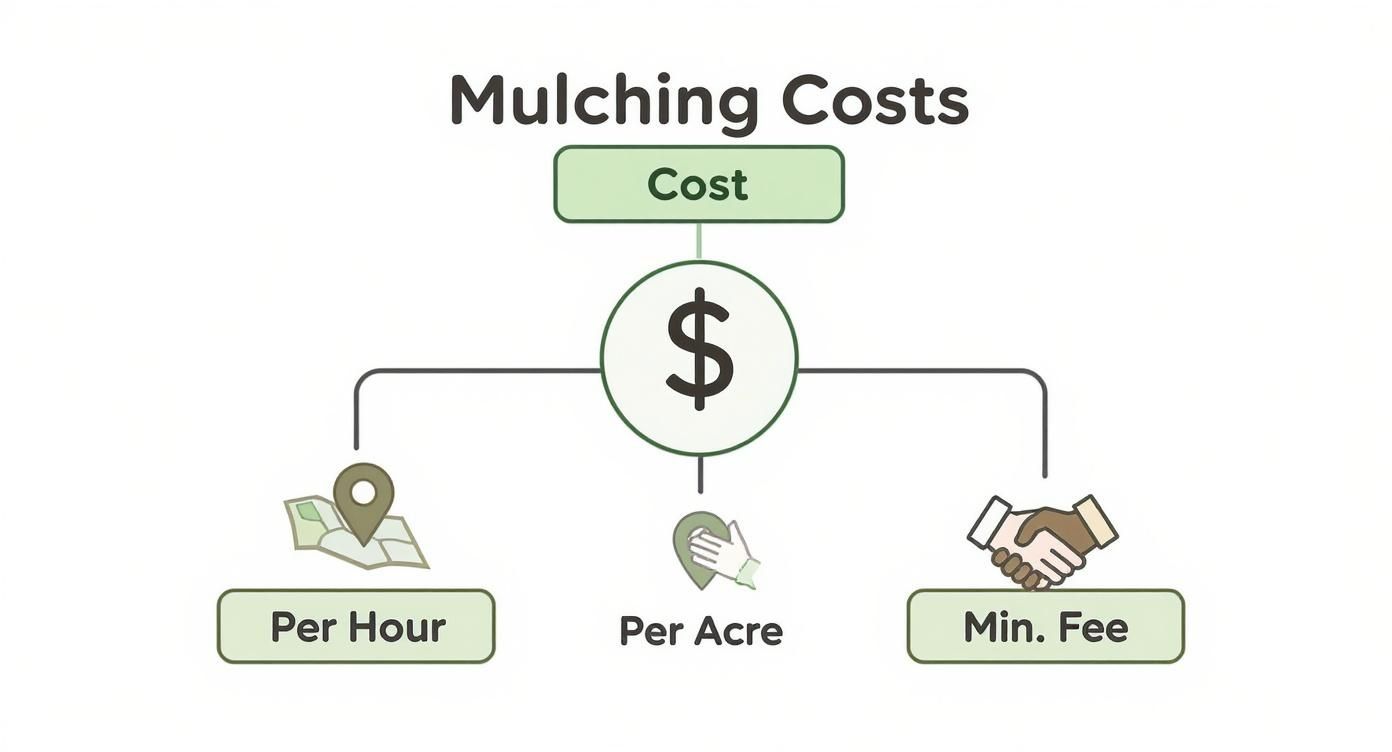 A diagram titled 'Mulching Costs' showing cost broken down into per hour, per acre, and minimum fee.