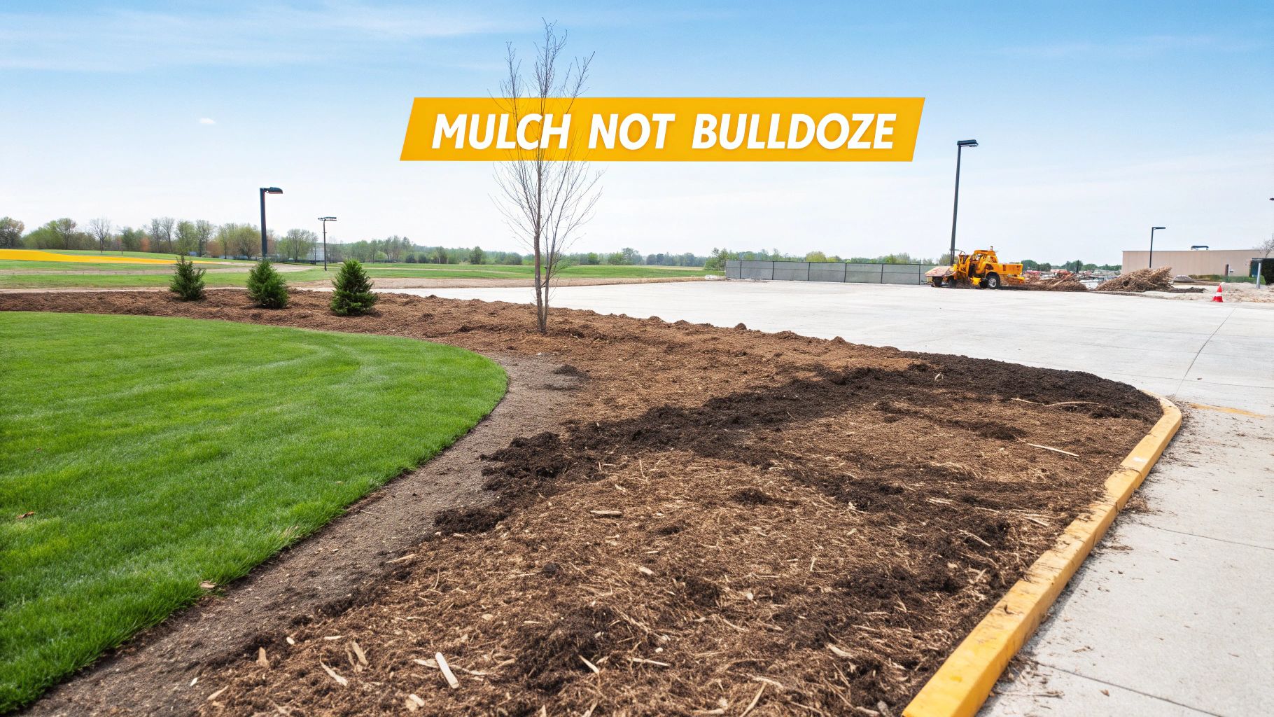 A landscape featuring newly spread mulch, vibrant green grass, and trees, with a mulching machine in the background.