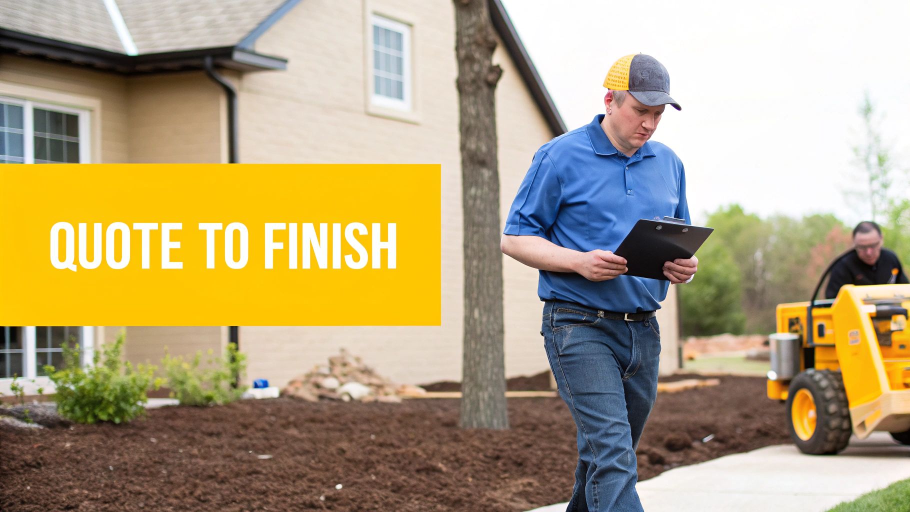 A worker in a blue shirt examines a clipboard at a construction site near a house.