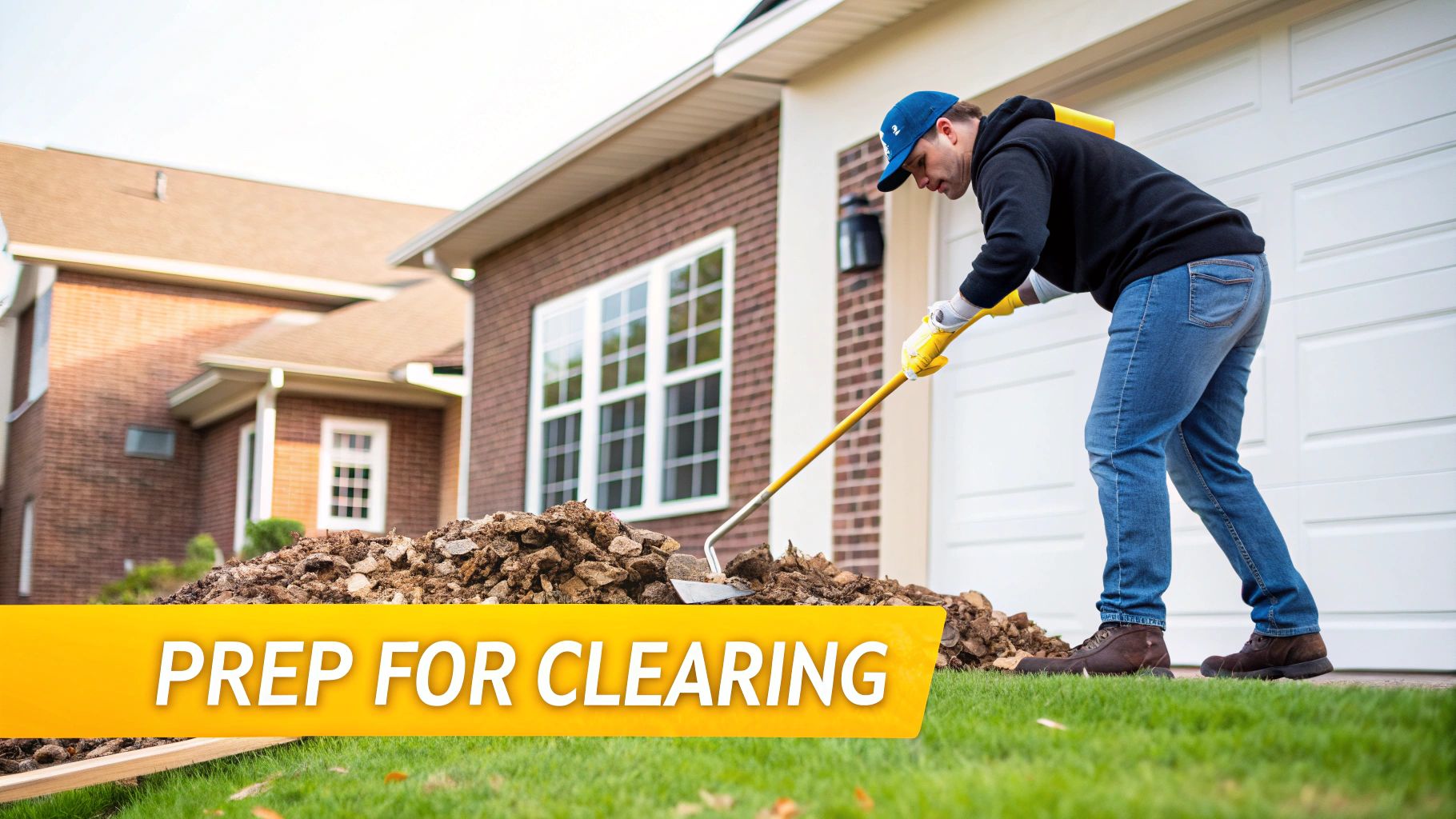 A homeowner walking along a property line marked with orange flags.