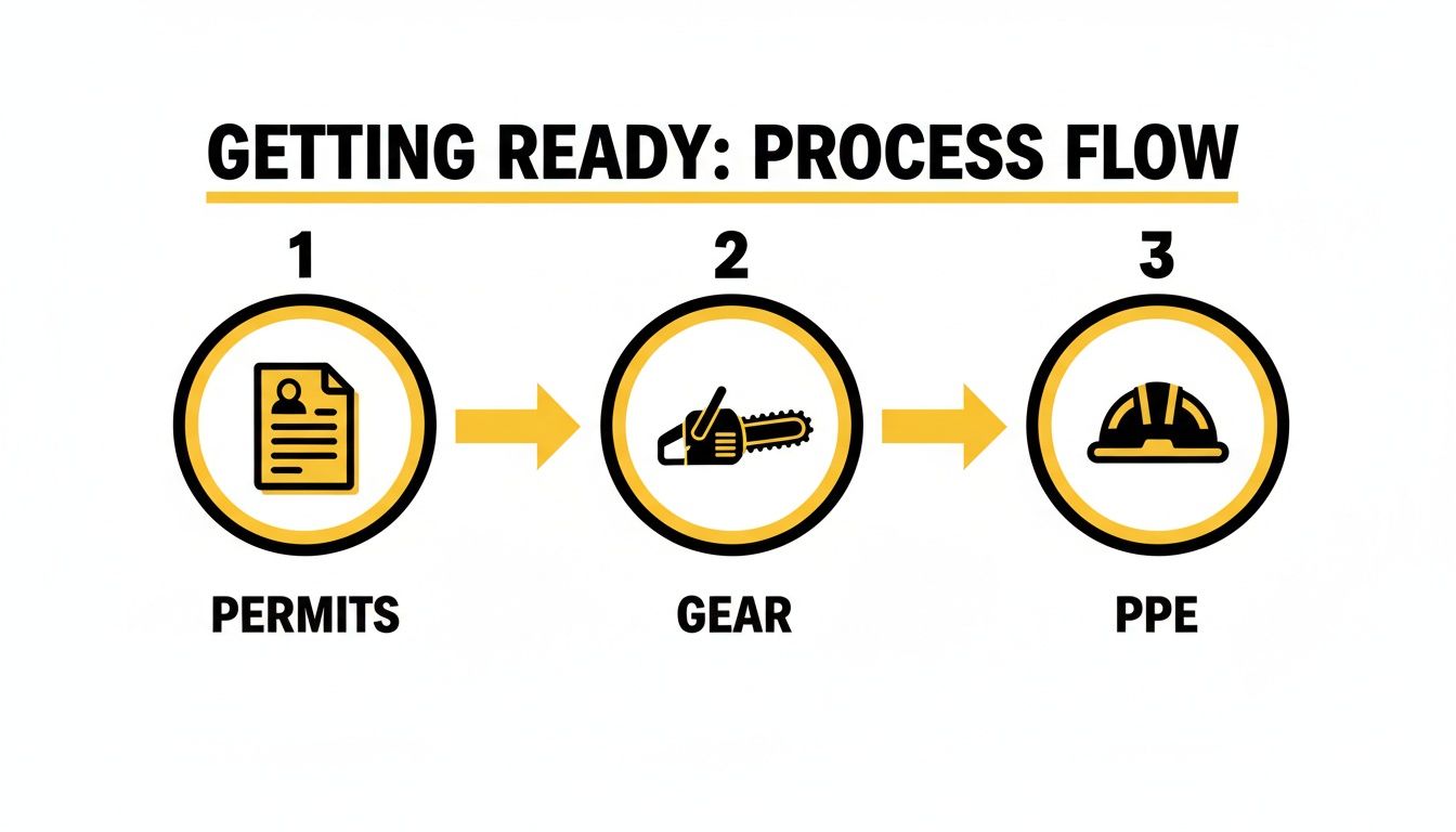 A three-step process flow for getting ready, showing icons for permits, gear (chainsaw), and PPE (hard hat).