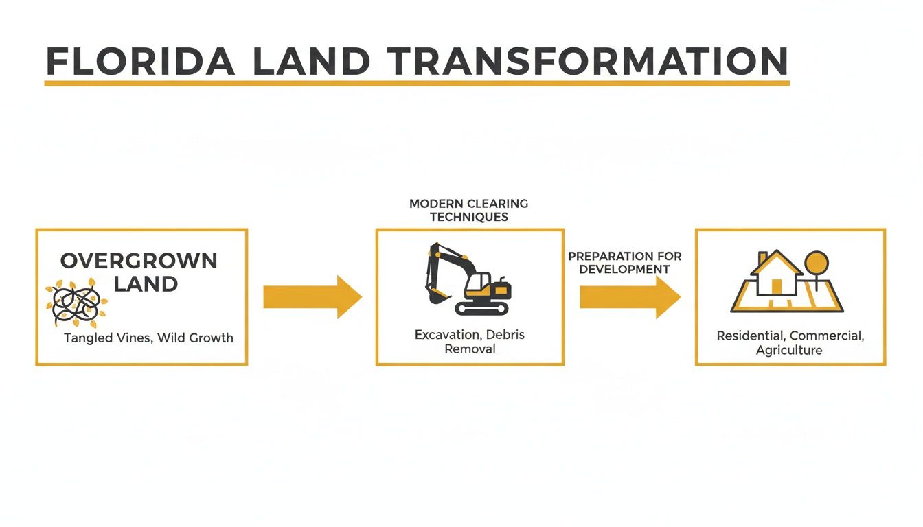 Diagram illustrating the transformation of overgrown Florida land through clearing to residential and commercial use.