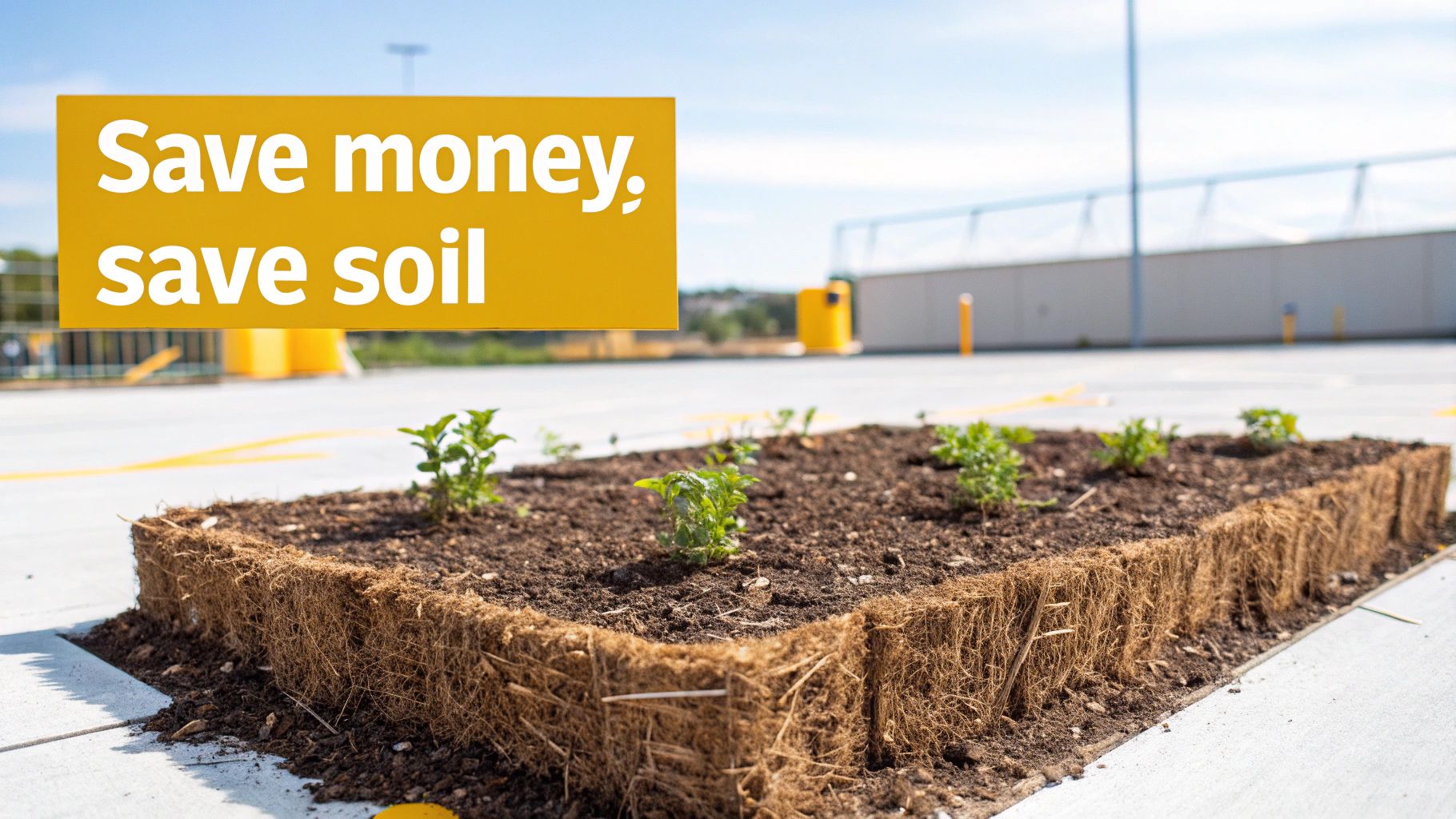 A raised garden bed with young plants in an urban setting, featuring a sign that reads 'Save money, save soil'.