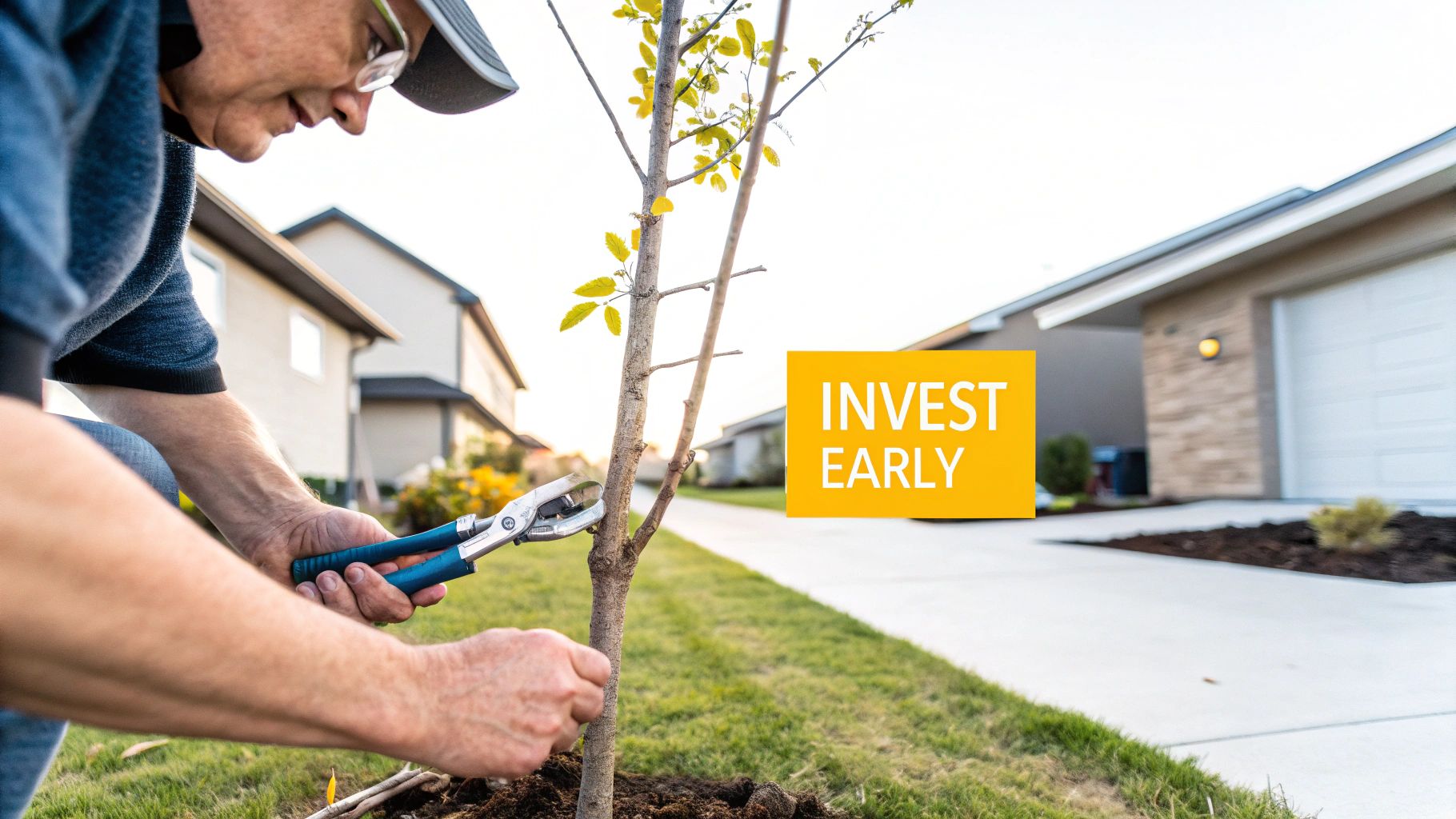 A person prunes a young tree with shears in a sunny residential neighborhood, with 'Invest Early' text.