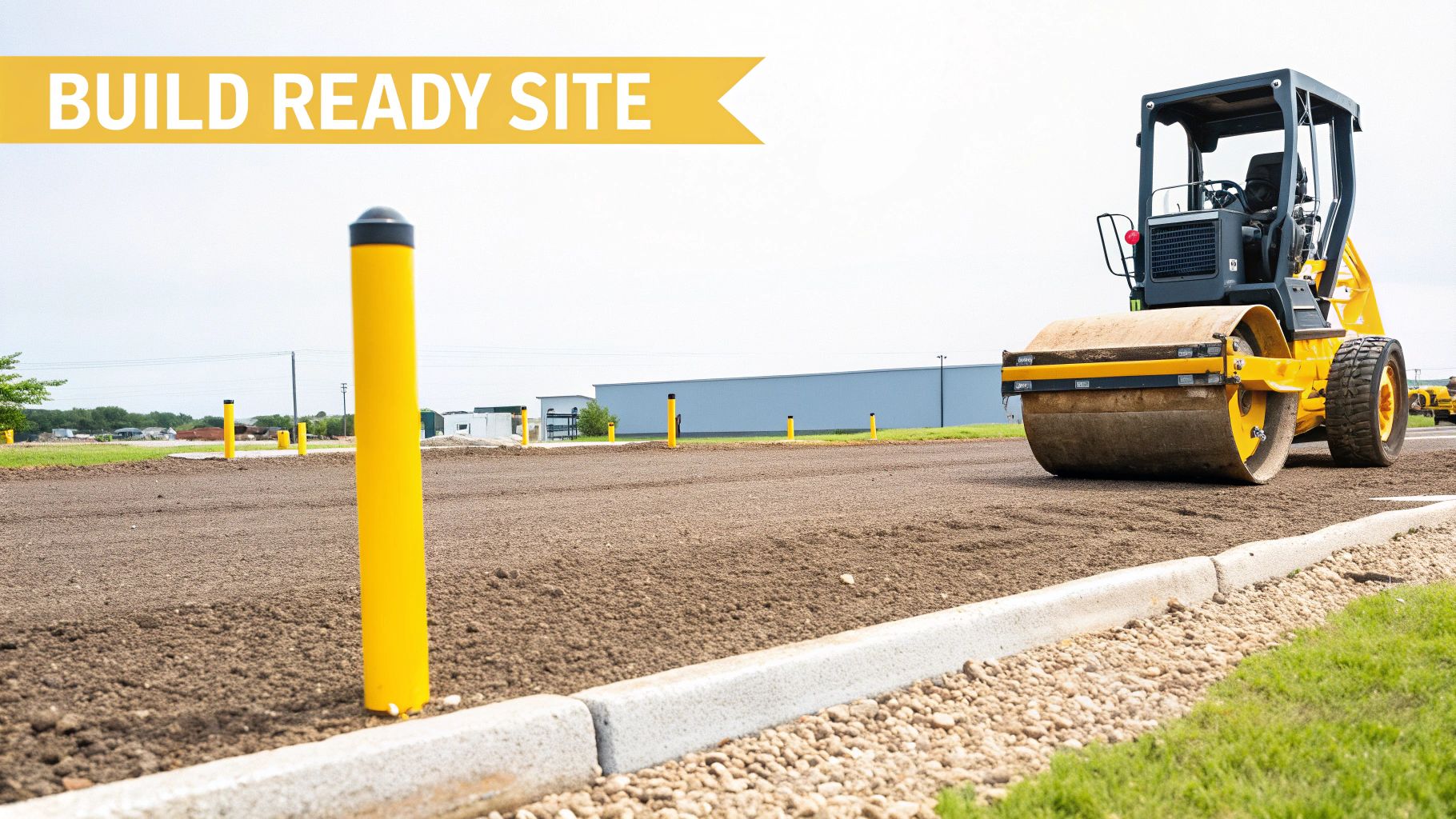 A construction site with a yellow road roller compacting dirt, marked by yellow bollards and a 'BUILD READY SITE' banner.