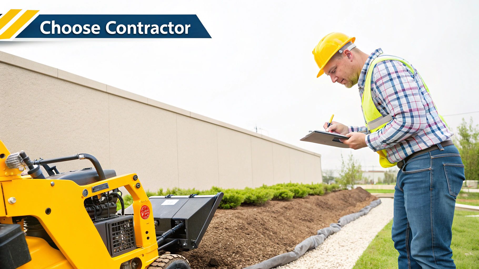 A contractor in a hard hat and safety vest inspects a landscaping project, writing notes on a clipboard near yellow equipment.