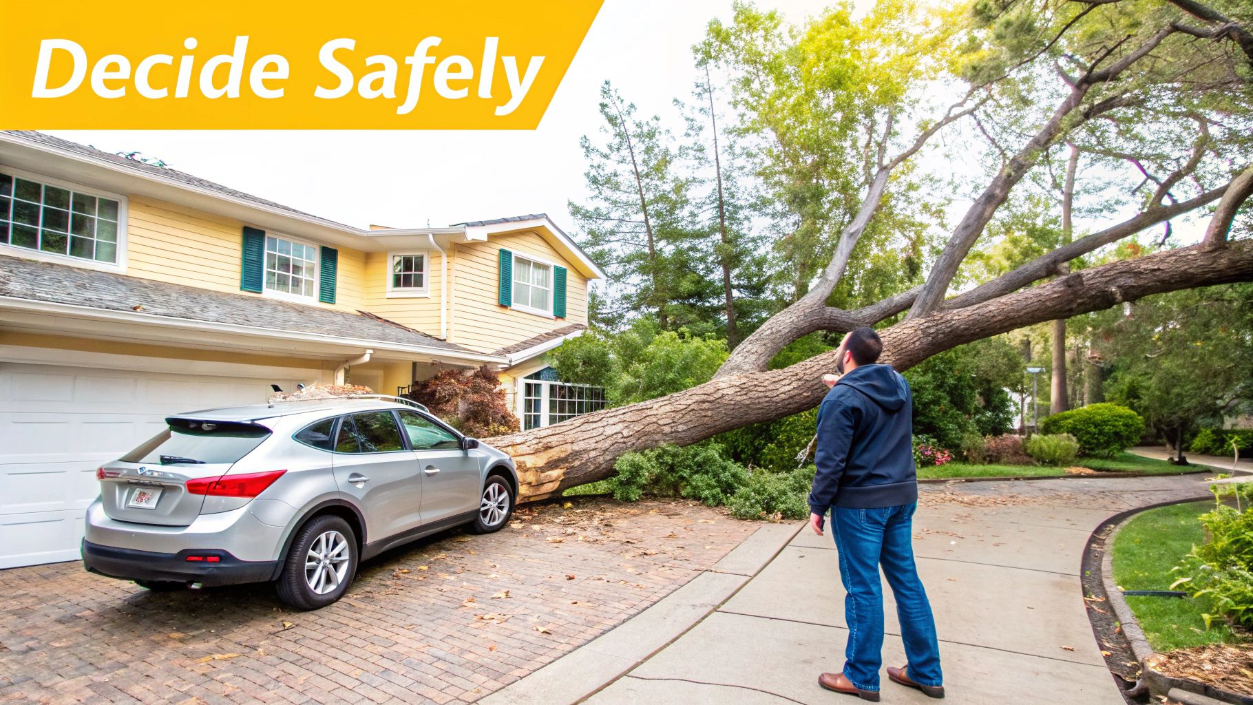 A man assesses a large fallen tree blocking a driveway, house, and car after a storm.