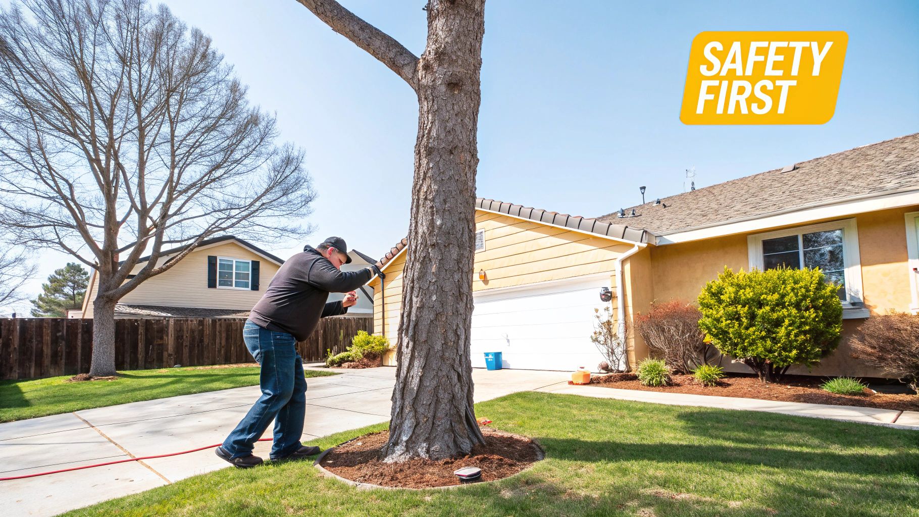 A man inspects a tree trunk with a 'Safety First' sign above, preparing for tree work.
