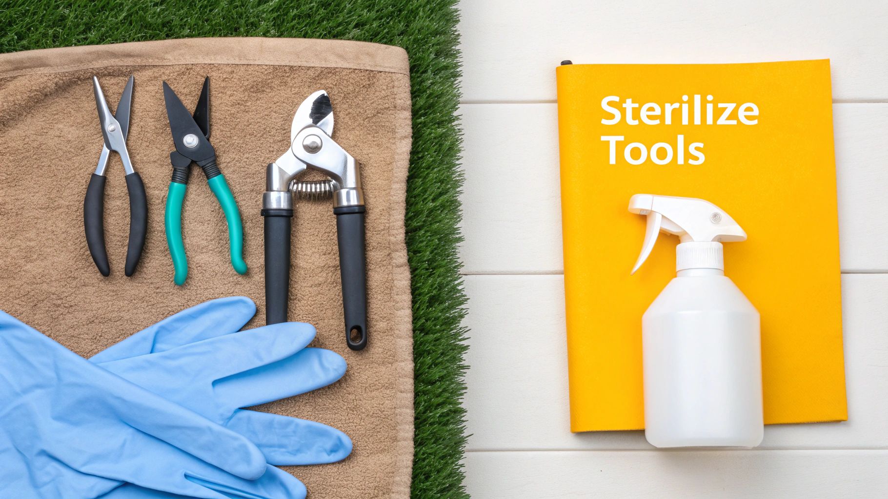 Gardening tools, blue gloves, and a spray bottle on a yellow folder with 'Sterilize Tools' written on it.