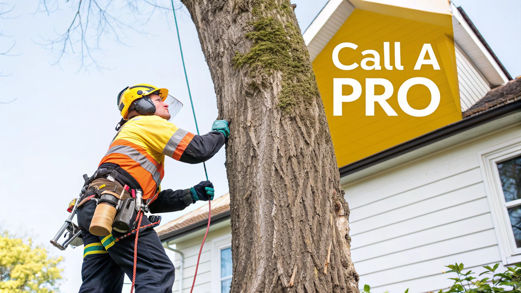 A professional arborist in safety gear, including a helmet and harness, climbing a large tree next to a house.