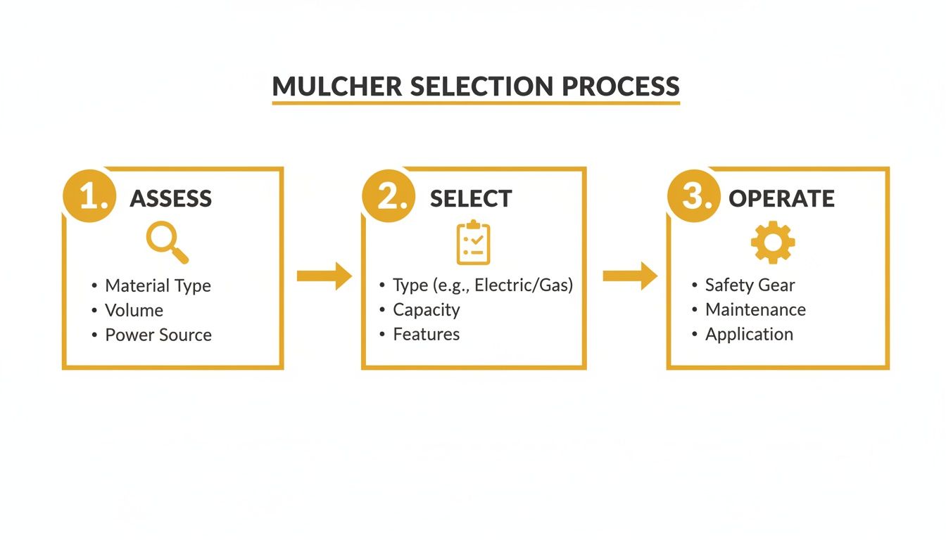 A three-step mulcher selection process diagram covering assessment, selection criteria, and operational aspects.