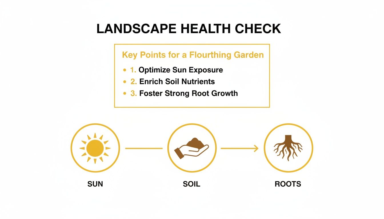 Diagram outlining key points for a flourishing garden, including sun, soil, and roots.